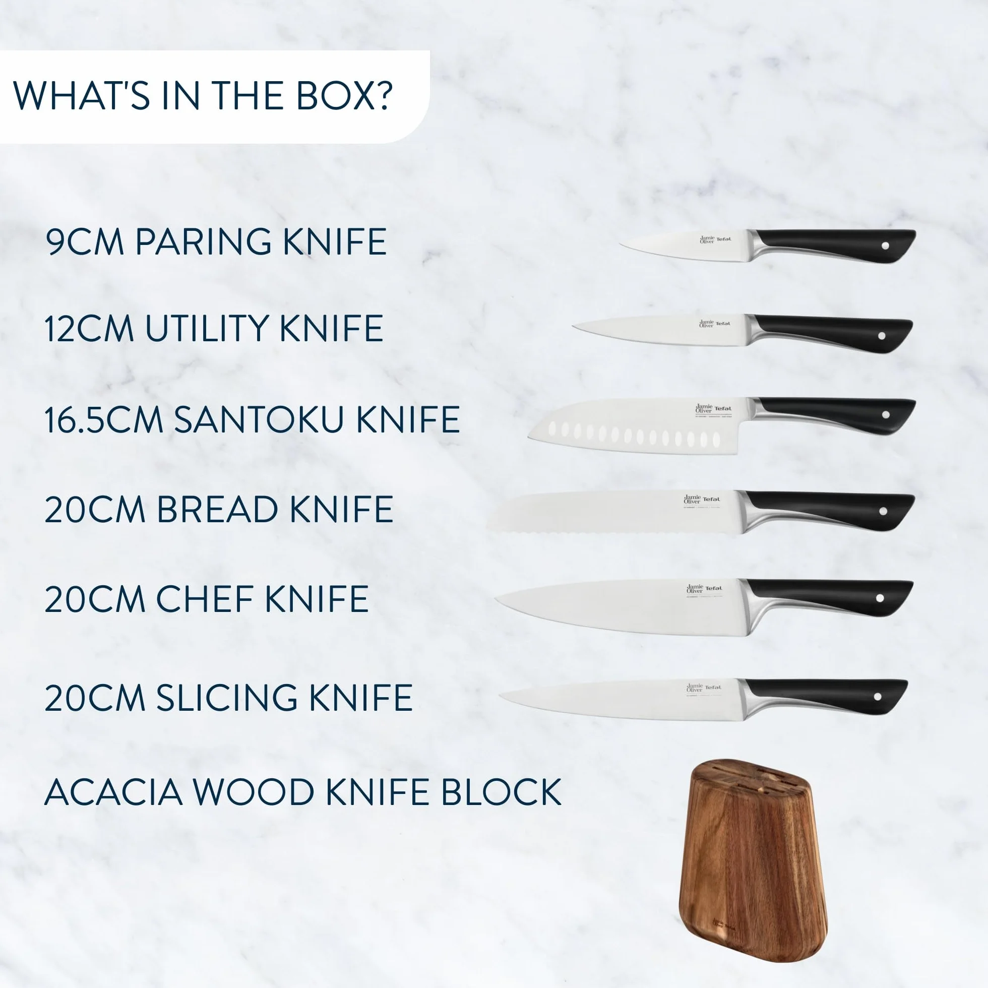 Tefal K267S656 Jamie Oliver, 7-częściowy blok na noże, 6 noży kuchennych + drewniany blok na noże, wysoka wydajność cięcia, niepowtarzalne wzornictwo, wytrzymałe i trwałe ostrza, brązowy/czarny