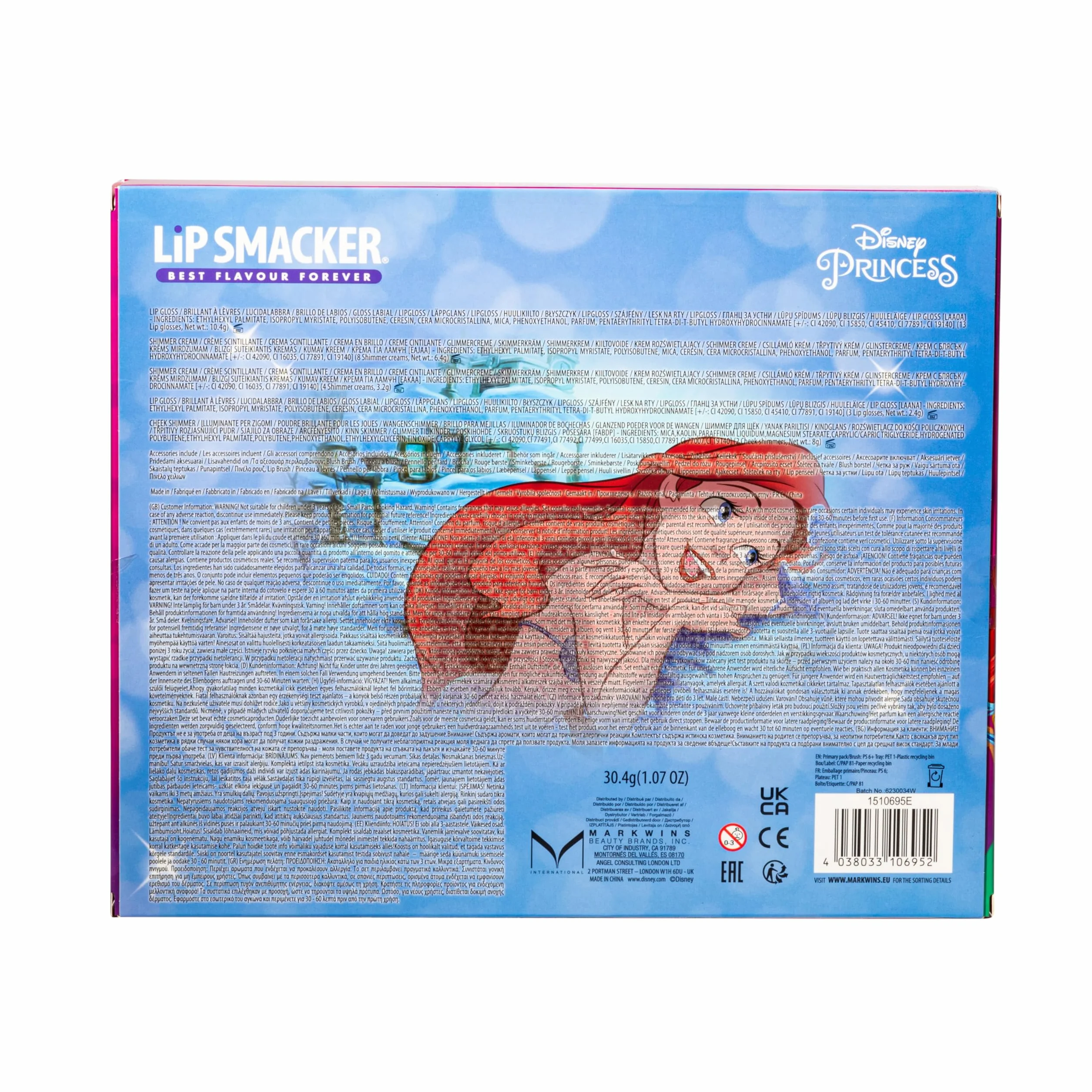 Lip Smacker Princess Ariel Beauty Palette, Zestaw Upominkowy do Makijażu z Kolorowymi Błyszczykami, Kremami, Różami i Bronzerem dla Wyglądu Księżniczki, w Tym Akcesoria do Makijażu i Lusterko