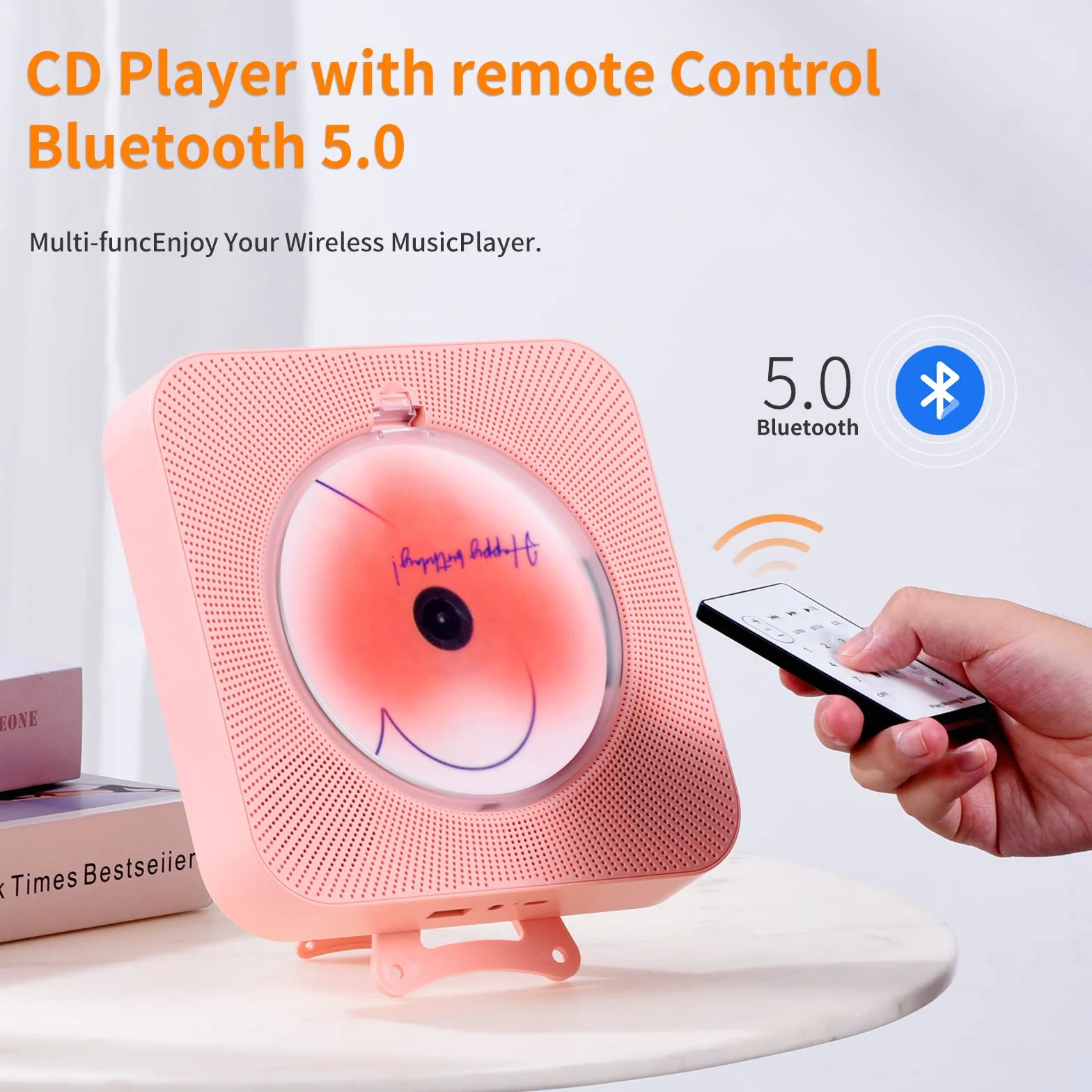 Yintiny Uroczy różowy odtwarzacz CD z Bluetooth 5.0, ładowalny, do dekoracji wnętrz, przenośny, piękny, pilot zdalnego sterowania, wejście AUX i USB