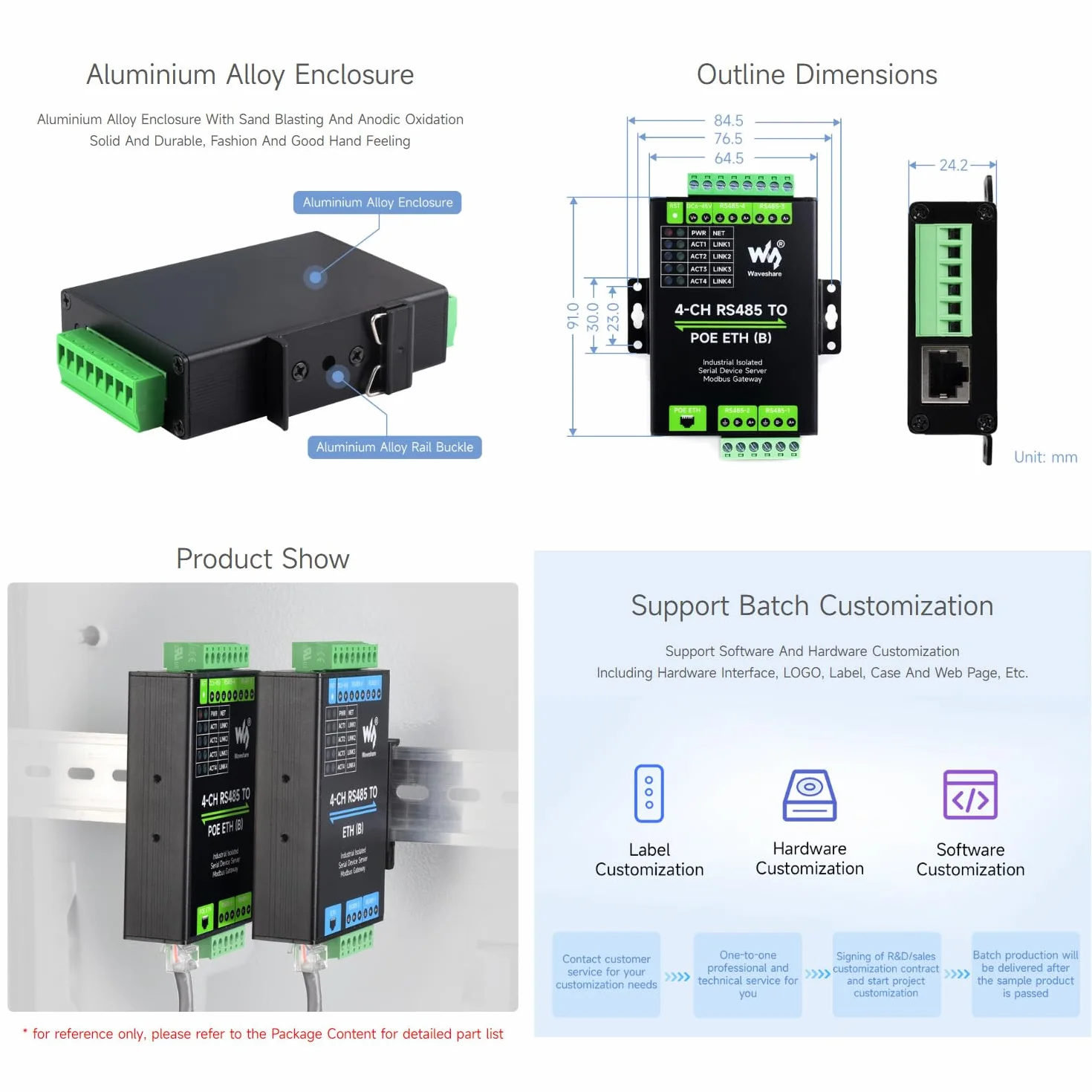 Waveshare 4-Ch RS485 to RJ45 Ethernet Serial Server, 4 Channels RS485 Independent Operation, Rail-Mount Industrial Isolated Serial Module, Modbus Gateway, PoE Ethernet Port