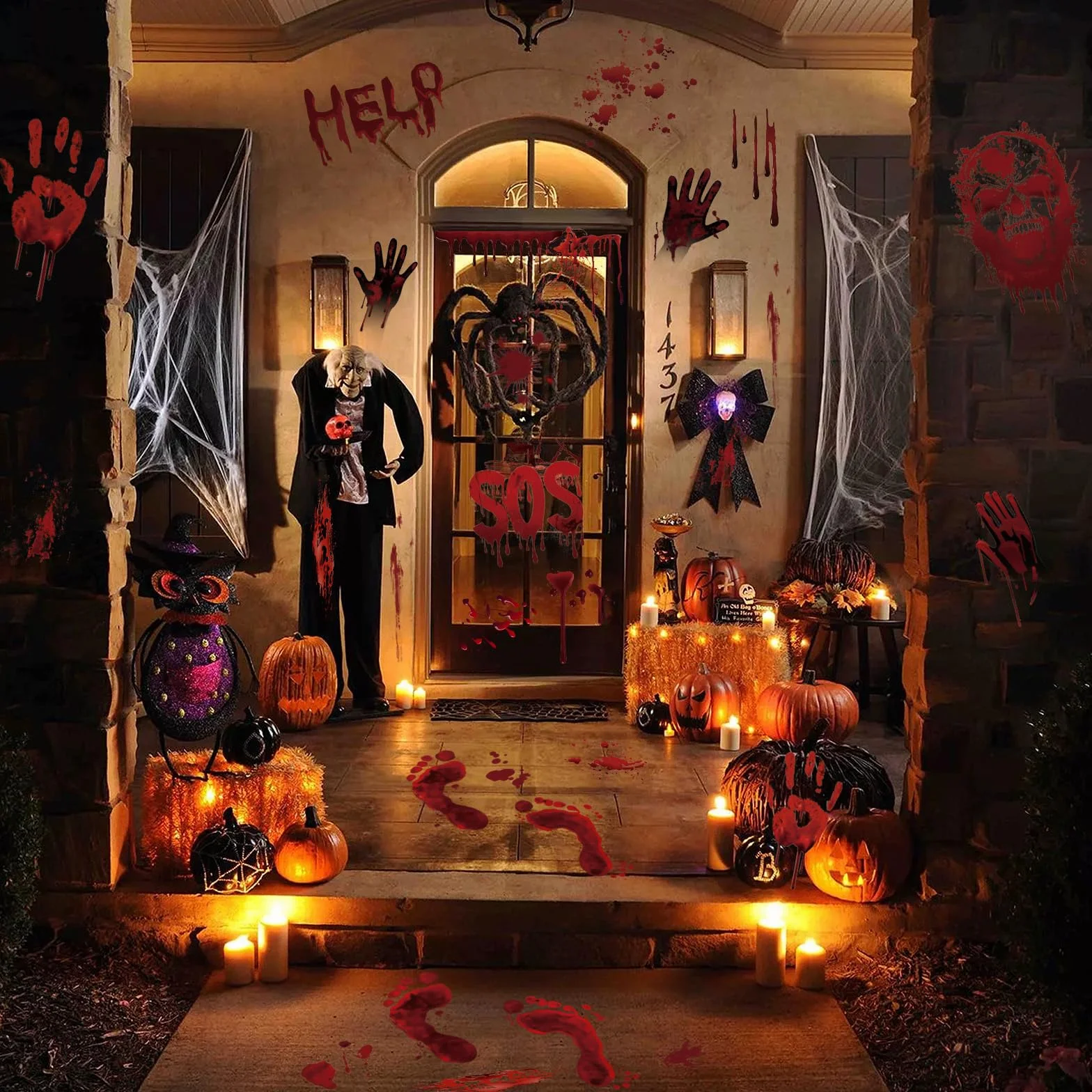 Halloween naklejki okienne krwawy odcisk dłoni 10 arkuszy zombie dekoracja