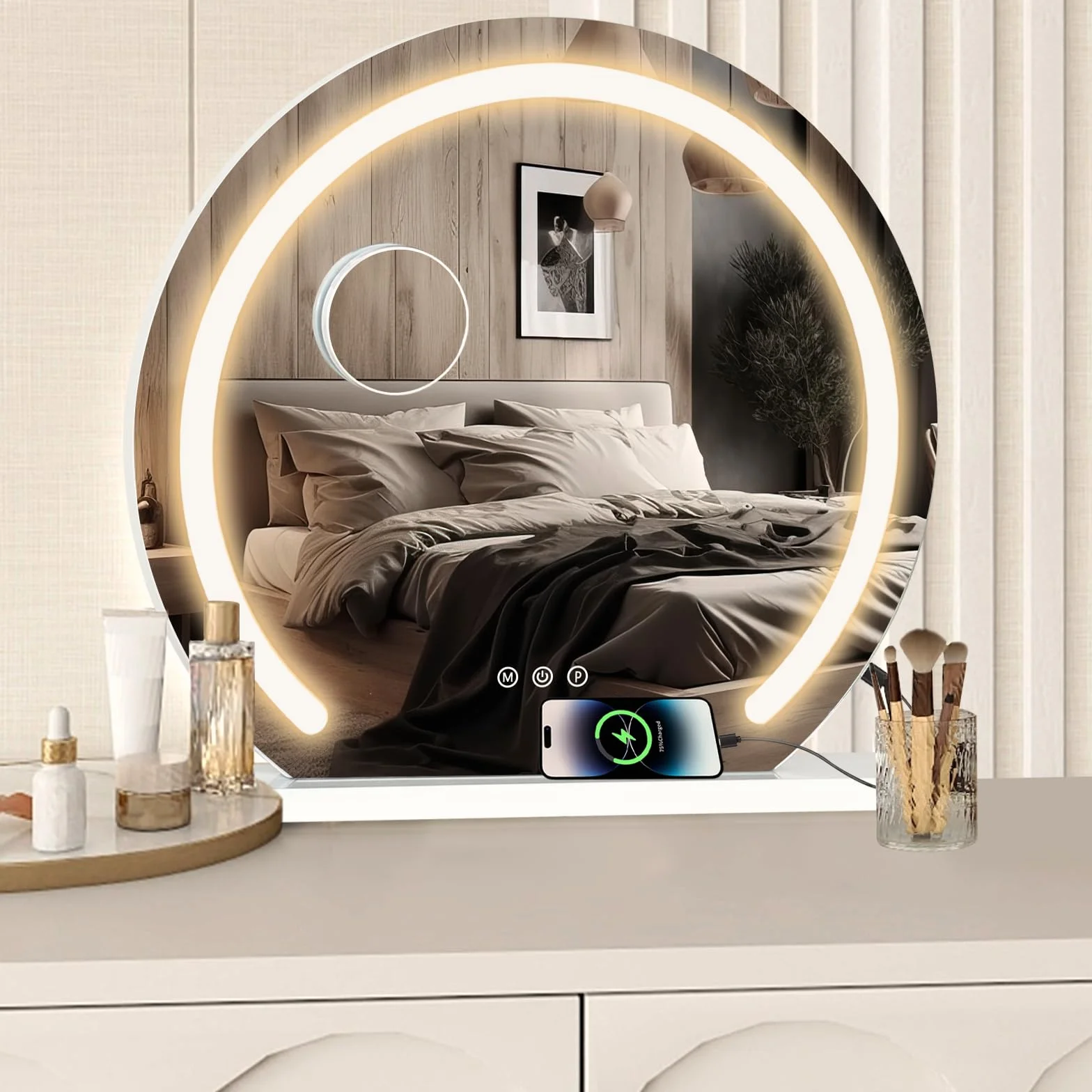 YOURLITE Okrągłe lusterko do makijażu Hollywood D50 cm LED, 3 ściemnialne temperatury barwowe, 10x lupa, USB, montaż naścienny