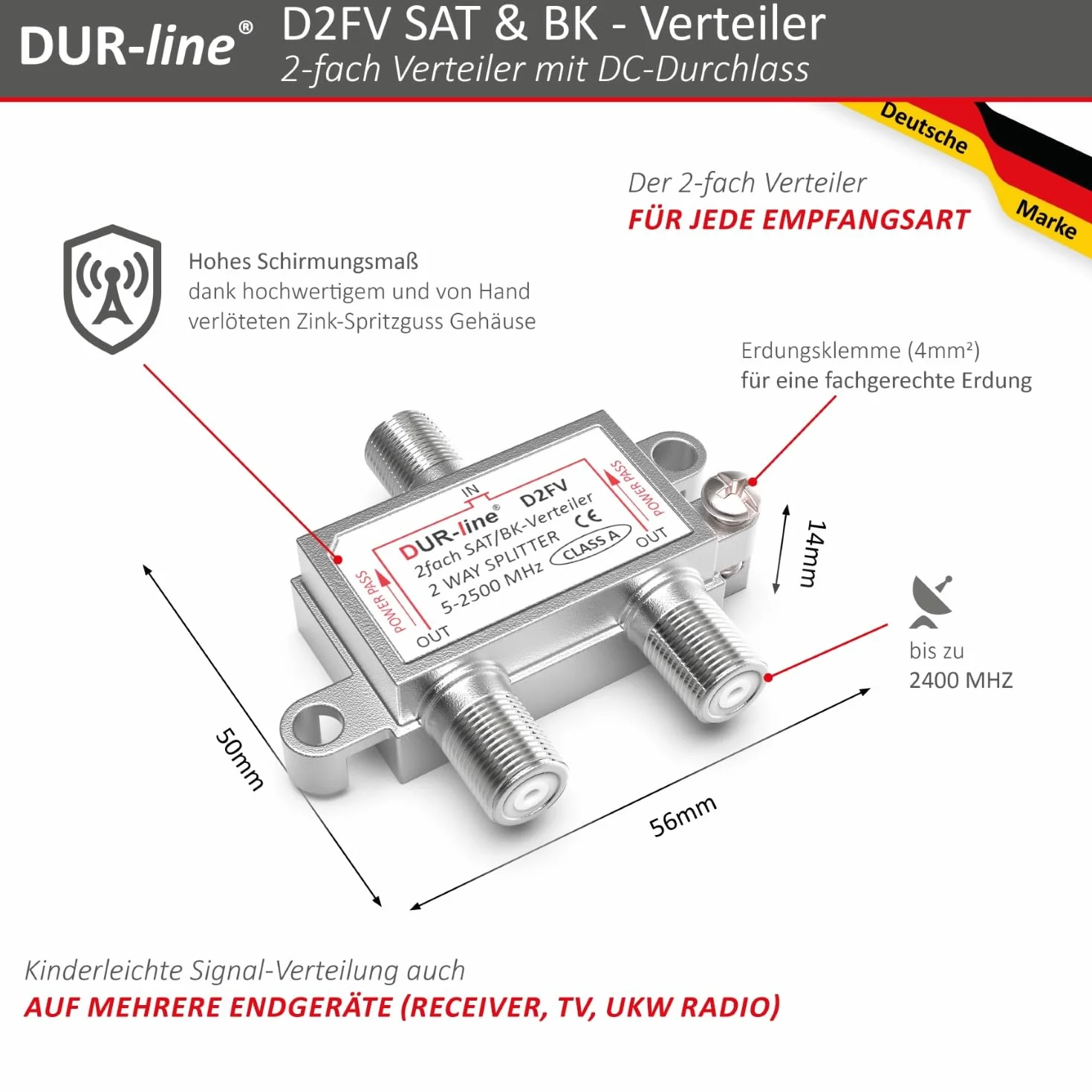 DUR-Line D2FV Rozdzielacz Sat/Bk 2-Drożny Splitter W Pełni Ekranowany Kompatybilny Z Unicable i HD Do Instalacji Satelitarnych Radio Telewizji