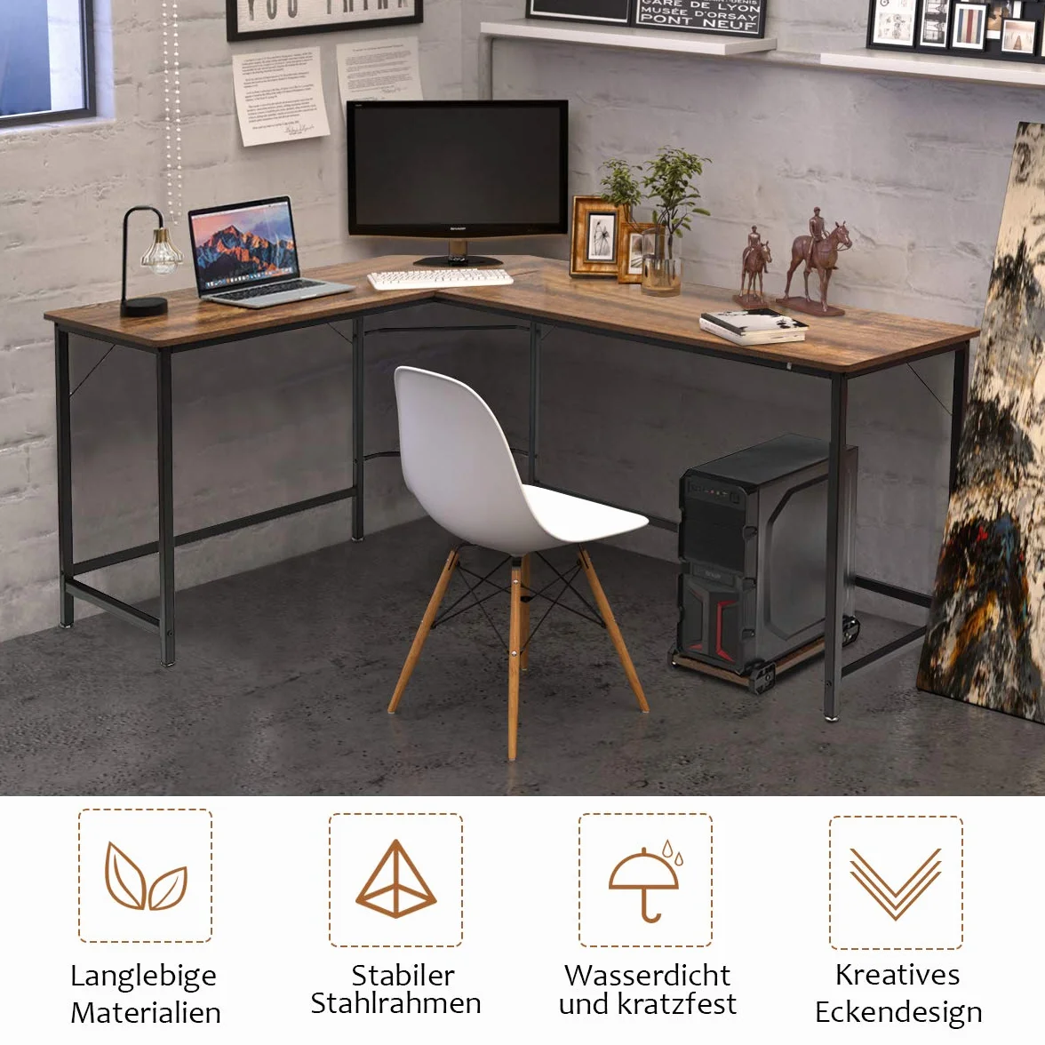 COSTWAY Biurko narożne w kształcie litery L 168 x 125 x 74 cm brązowe