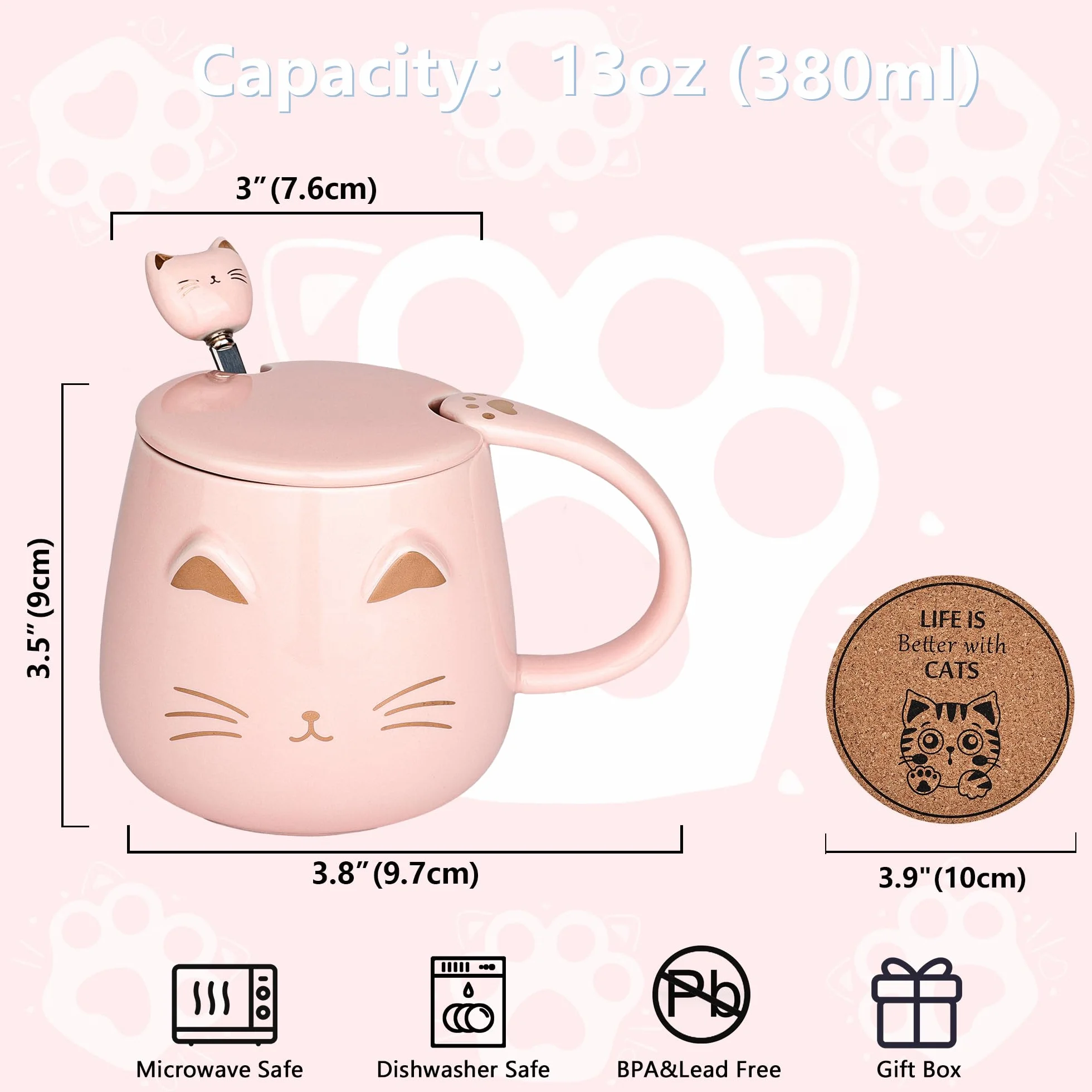 Zestaw 3 uroczych ceramicznych kubków z kotami z pokrywką, łyżką i podstawką - 380ml/13oz kubek do kawy dla kobiet, dzieci, miłośników kotów - prezent na Boże Narodzenie i urodziny (czarny, biały