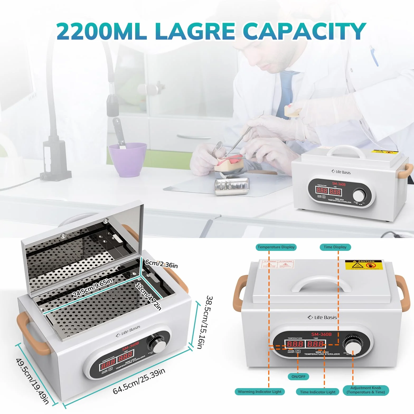 LifeBasis Sterylizator na gorące powietrze 230 ℃, Sterylizator do manicure z wyświetlaczem LCD 2200 ml z timerem Sterylizator wysokotemperaturowy do salonu fryzjerskiego paznokci
