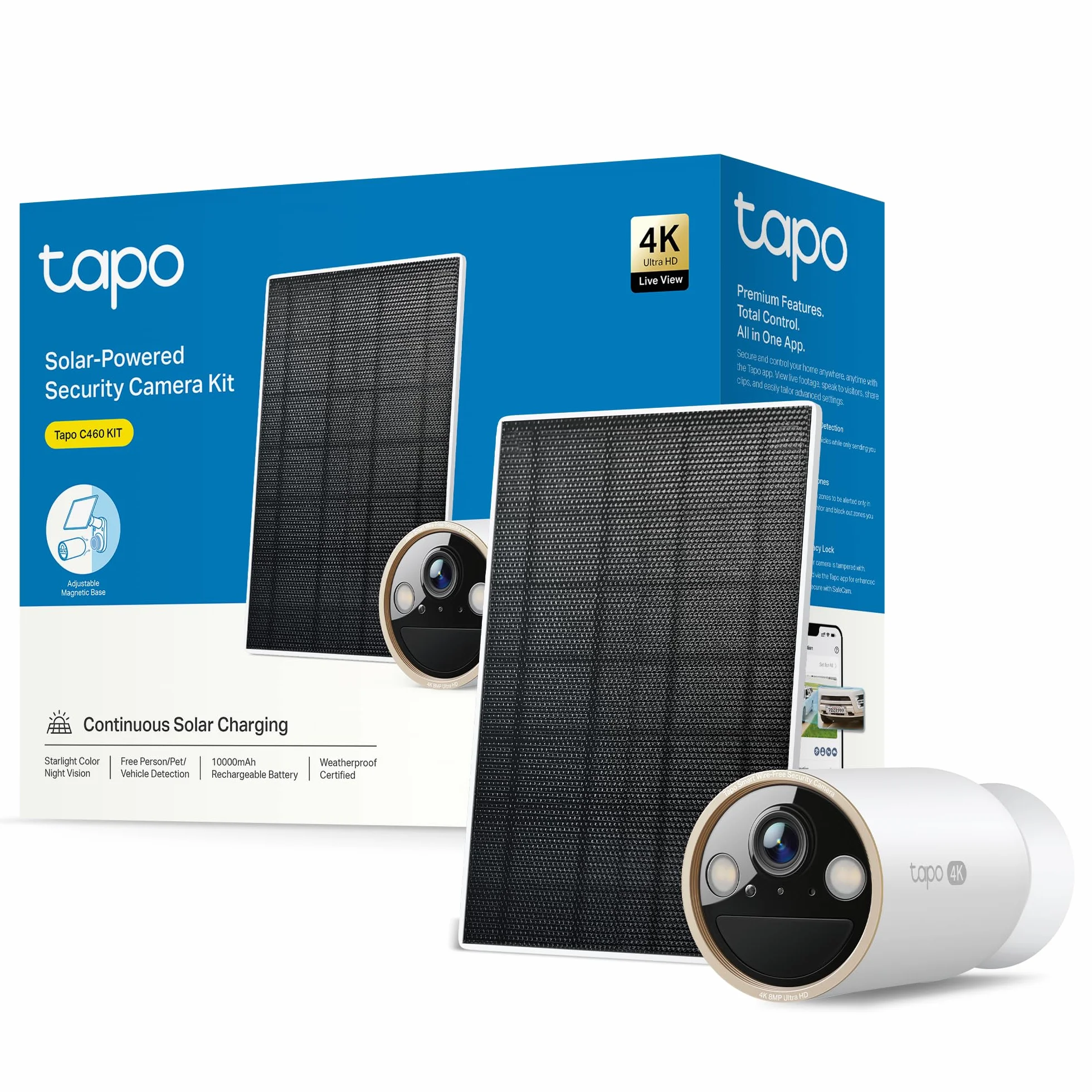 Tapo C460 KIT 4K 8MP solarna kamera monitoringowa zewnętrzna bateria, noktowizor Starlight, Dual-Band WLAN, podstawa magnetyczna, szyfrowany zapis microSD, rozpoznawanie AI, akumulator 10000 mAh