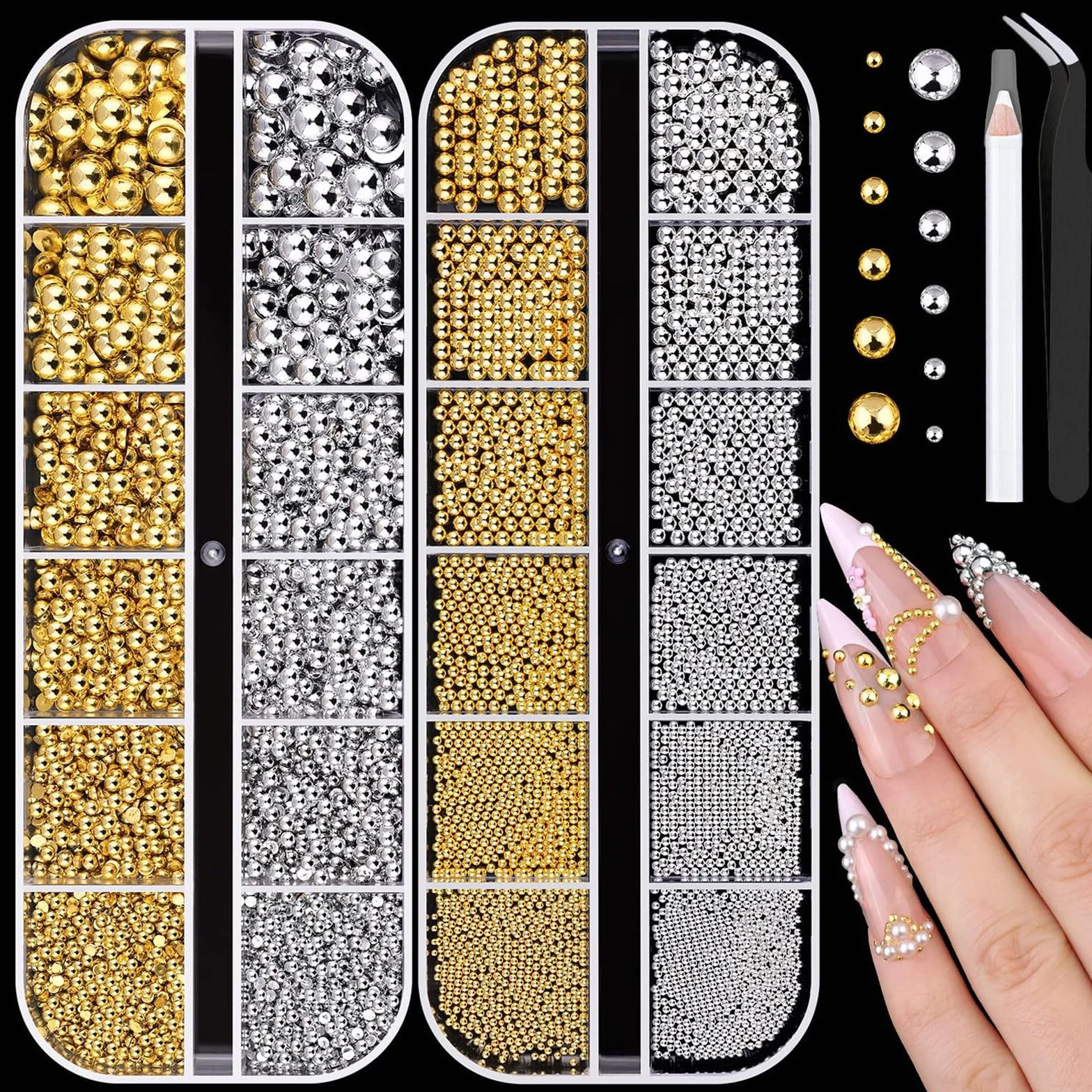 VelvetGlow Flatback koraliki i metalowe koraliki do paznokci, do zdobienia paznokci, małe okrągłe koraliki kawiorowe, akcesoria do paznokci akrylowych, dekoracji manicure (srebrne, złote)
