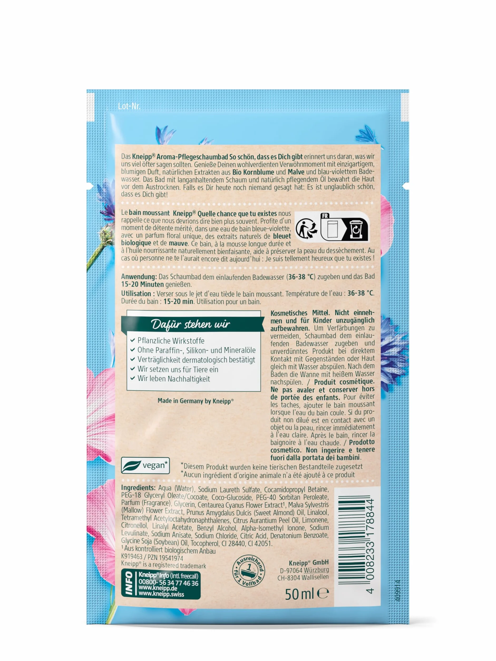 Kneipp Aroma-pielęgnująca pianka do kąpieli So schön dass es dich gibt – dodatek do kąpieli z wysokiej jakości ekstraktami z ekologicznego chabra i malwy - 50 ml