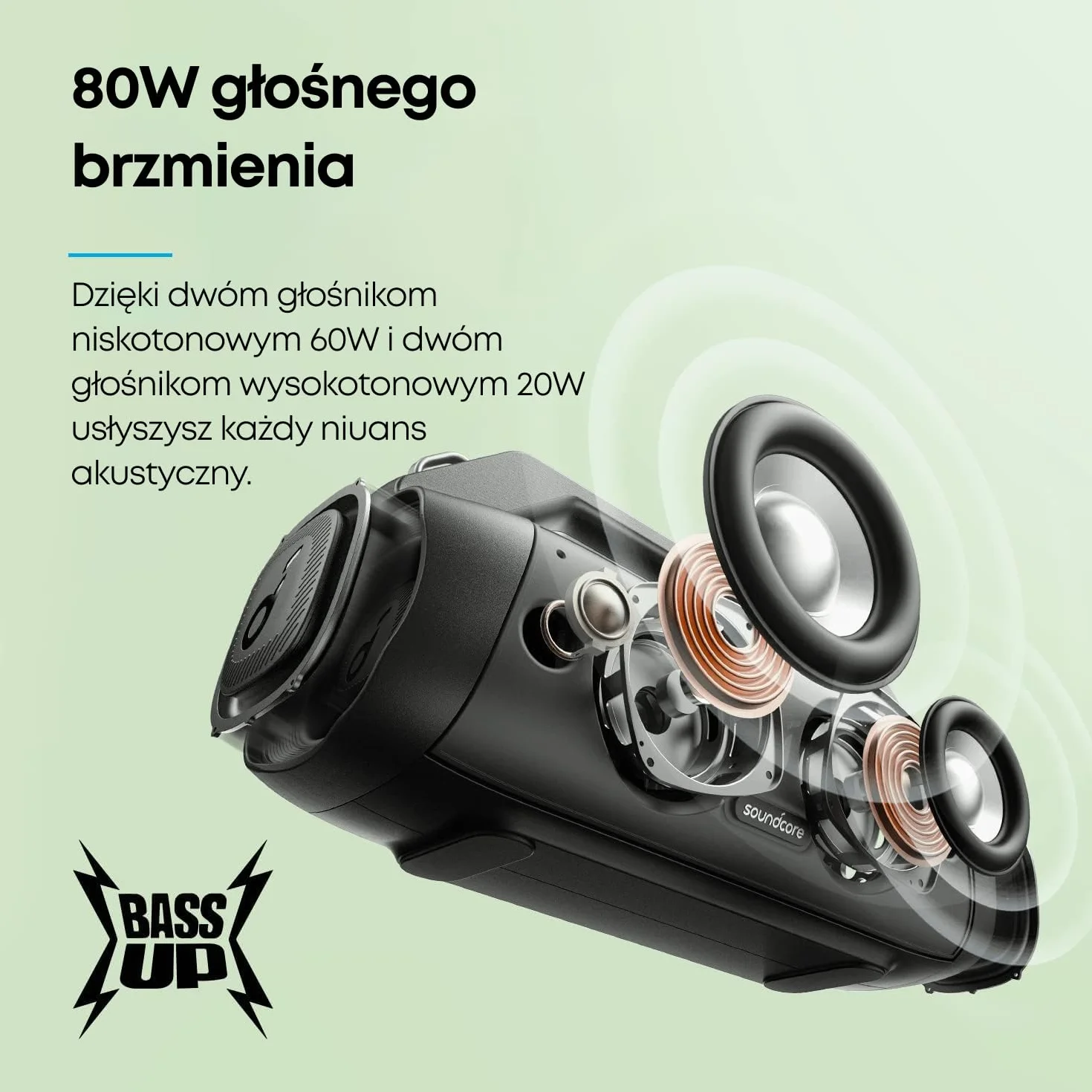 Soundcore Motion Boom Plus od Anker to przenośny głośnik Bluetooth 80 W z wodoodpornością i pyłoszczelnością IP67, portem USB-C, personalizowanym EQ, Bluetooth 5.3, idealny na kemping