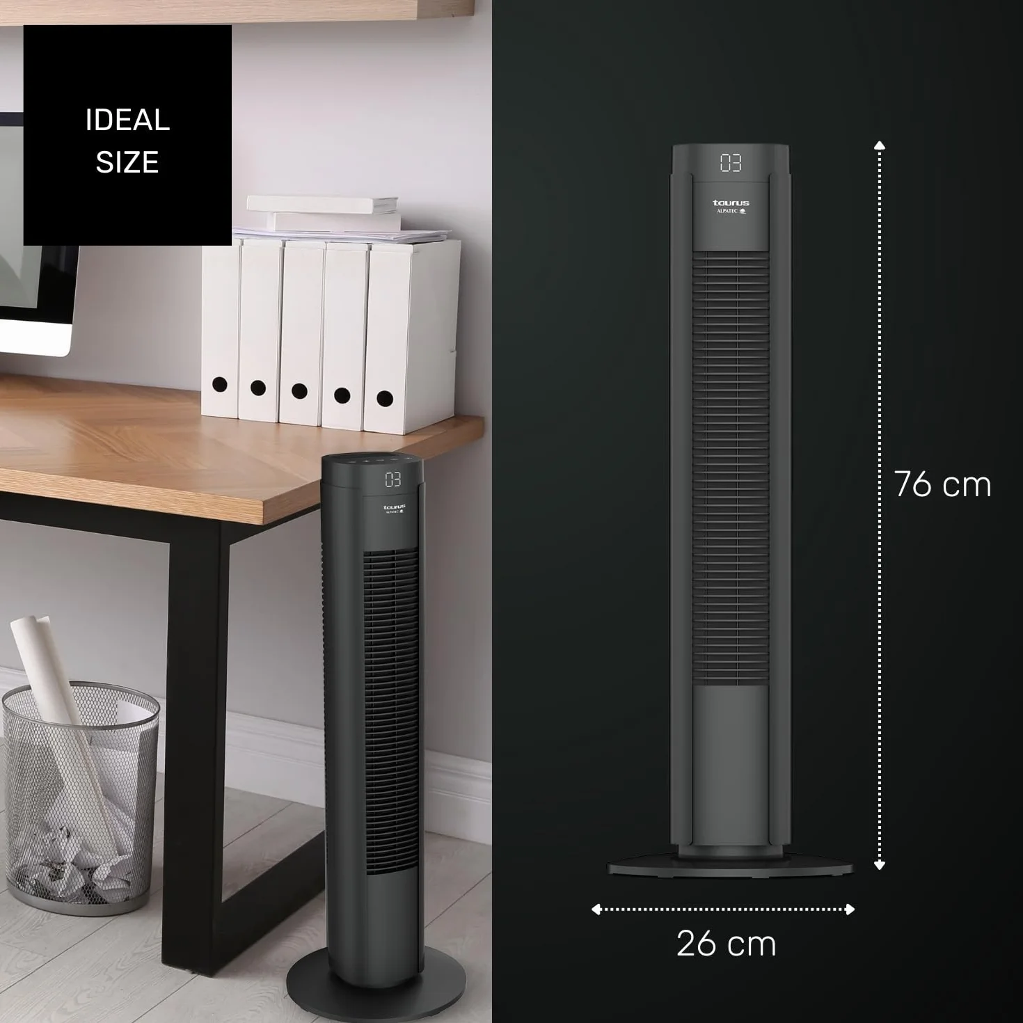 TAURUS New Babel Digital wentylator wieżowy, 50 W, pilot zdalnego sterowania, 3 tryby, 4 prędkości, timer 9h, funkcja oscylacji, cyfrowy ekran dotykowy, uchwyt do przenoszenia
