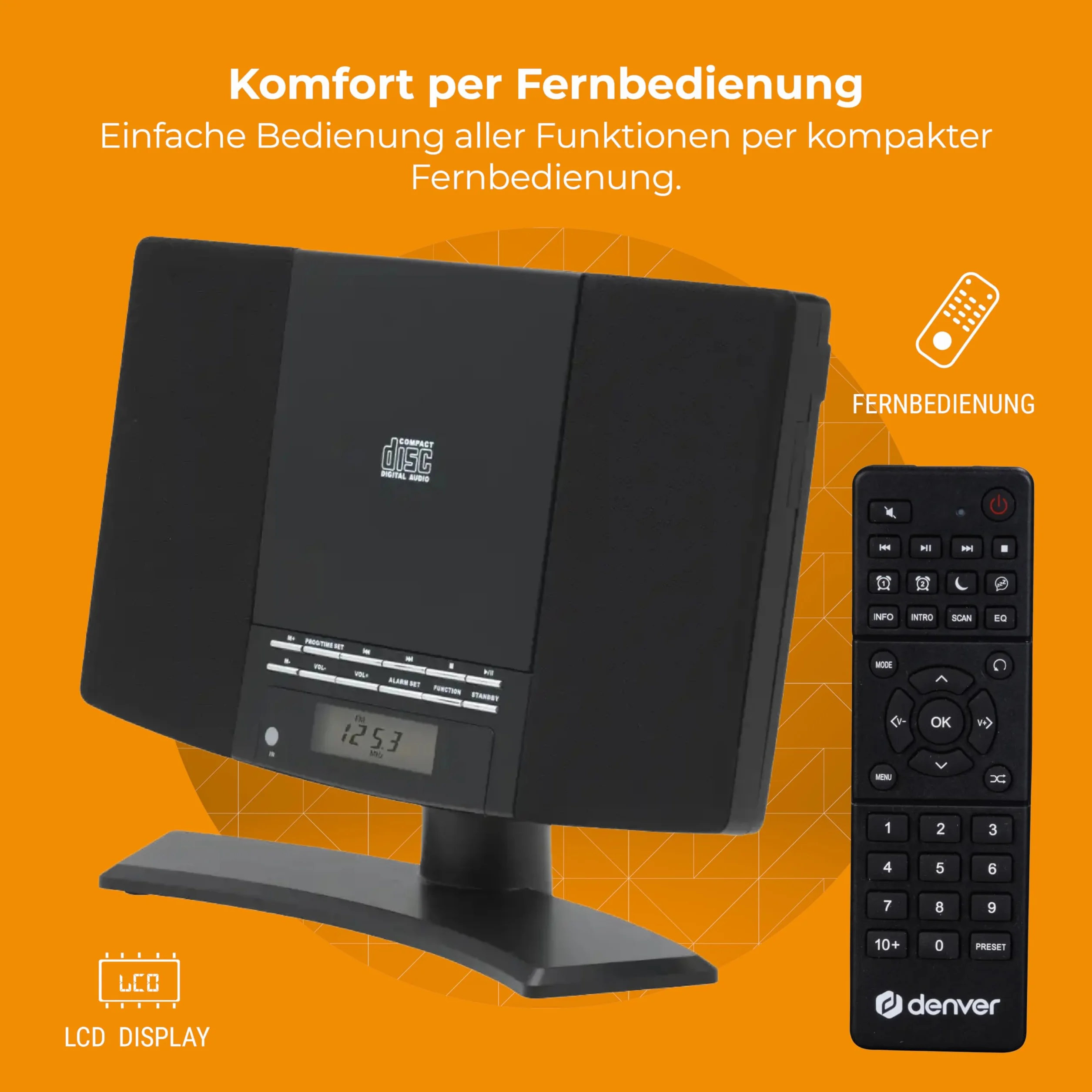 Denver Kompaktowy mikrofon stereo HiFi - Radio FM, odtwarzacz CD, montaż na ścianie - AUX - Funkcja zegara i budzika - z pilotem - MC5220MK2 - Czarny
