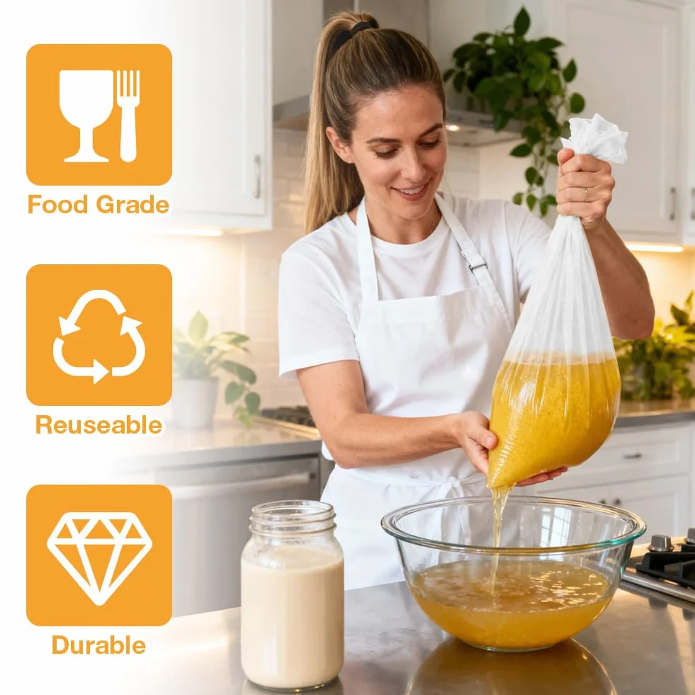 Worek do przecedzania ze sznurkiem, 3-pak 200-mikronowych worków sitkowych z drobnej siatki, 60 × 45 cm, wielokrotnego użytku, nylonowe worki sitkowe z drobną siatką i zamknięciem na sznurek do