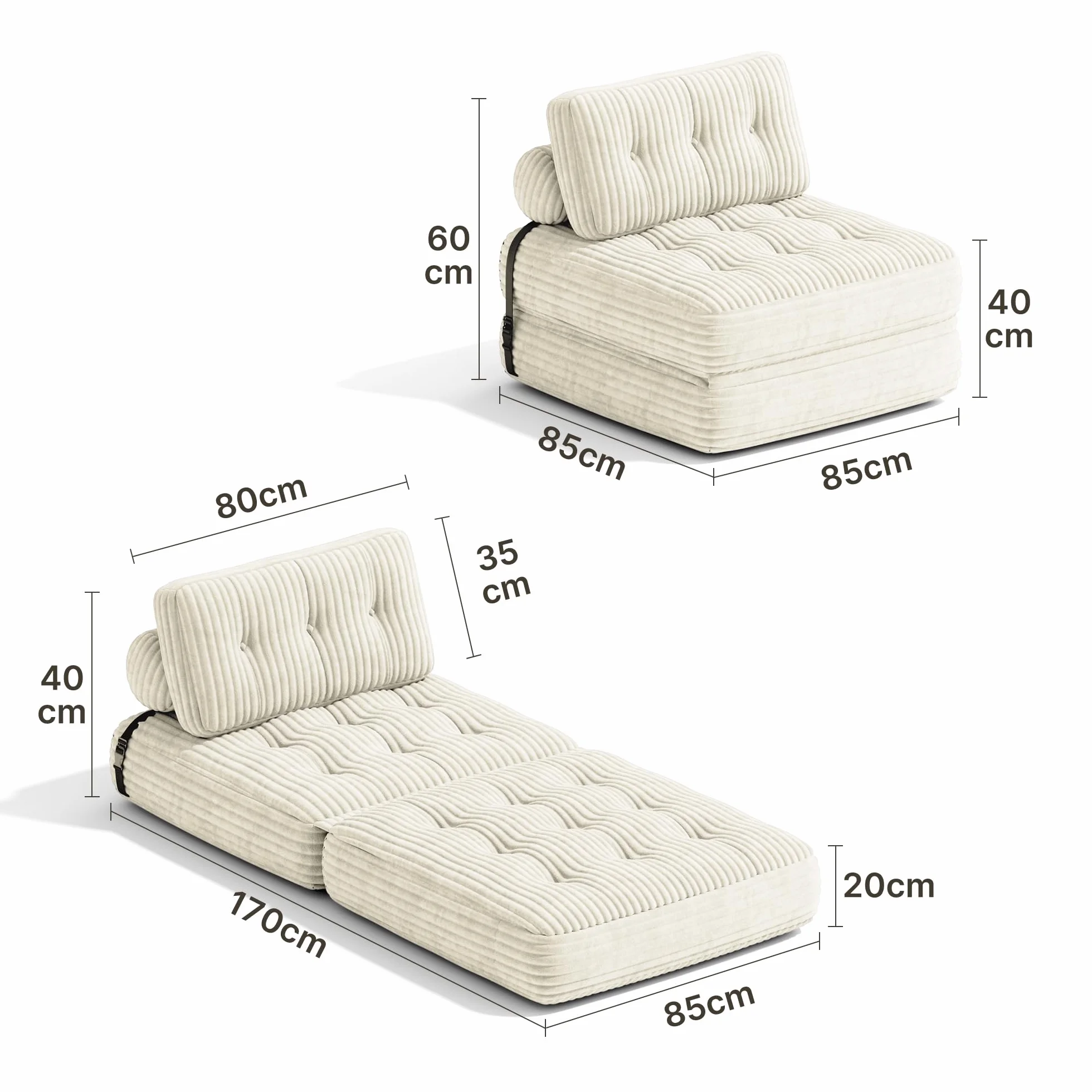 Składana sofa rozkładana 2 w 1 sztruksowa 190 x 85 cm biały