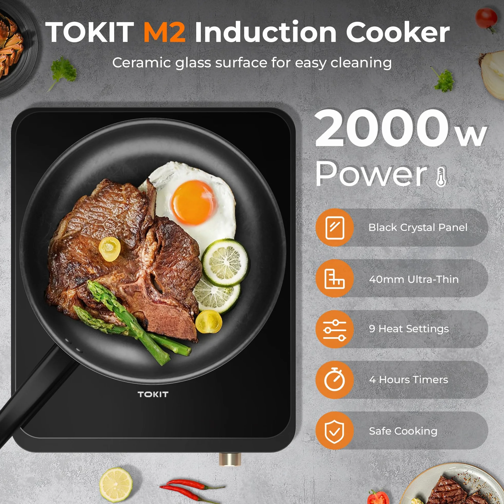 TOKIT Płyta indukcyjna 2000 W M2 9 stopni timer 90 minut 40 mm czarna