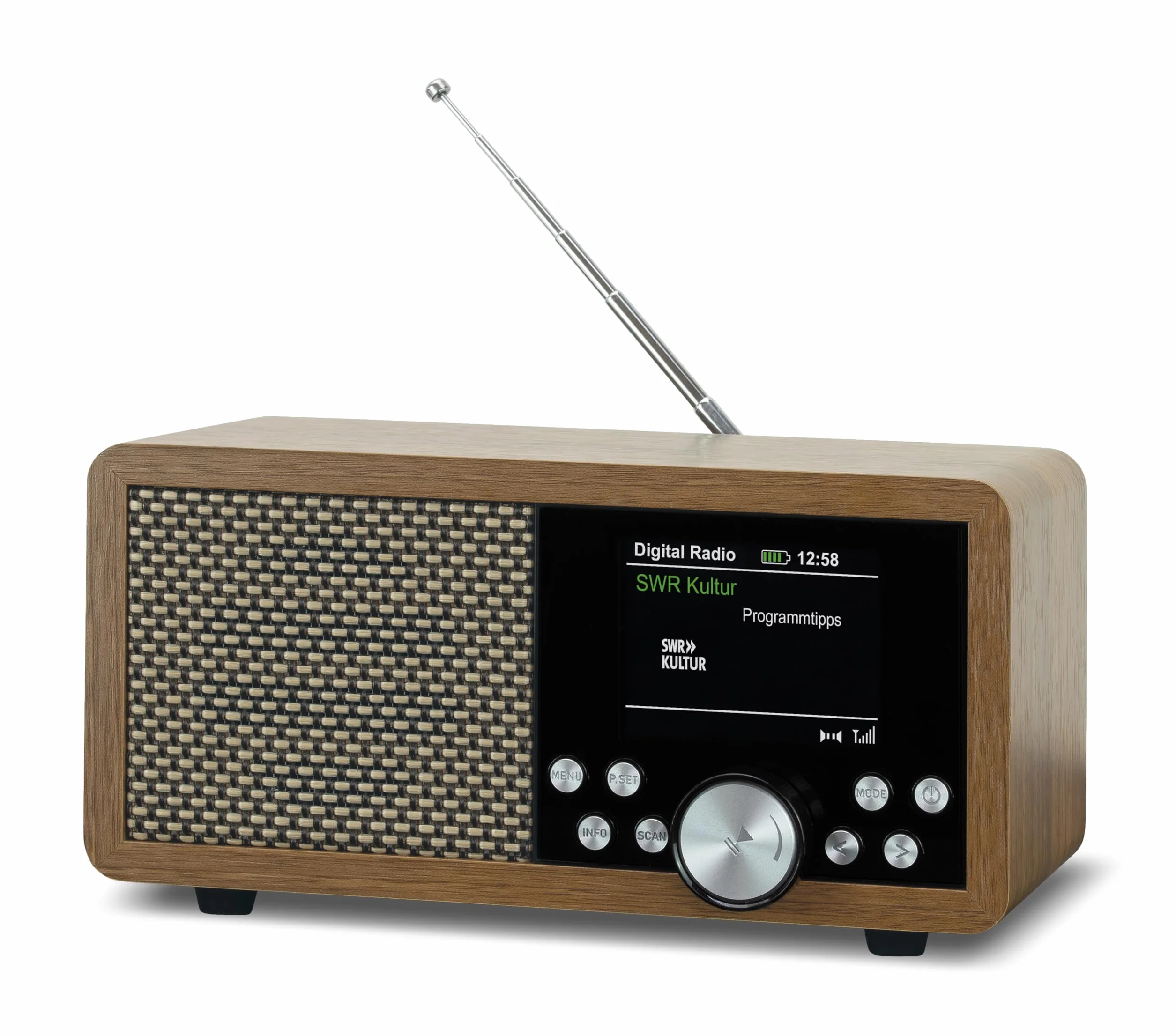 Przenośne radio Dab+ Dynavox DBT600, wbudowane radio FM, do kuchni, łazienki, biura, funkcja budzika, ekran TFT, zasilacz sieciowy, gniazdo USB i karta SD, wykończenie o wyglądzie drewna