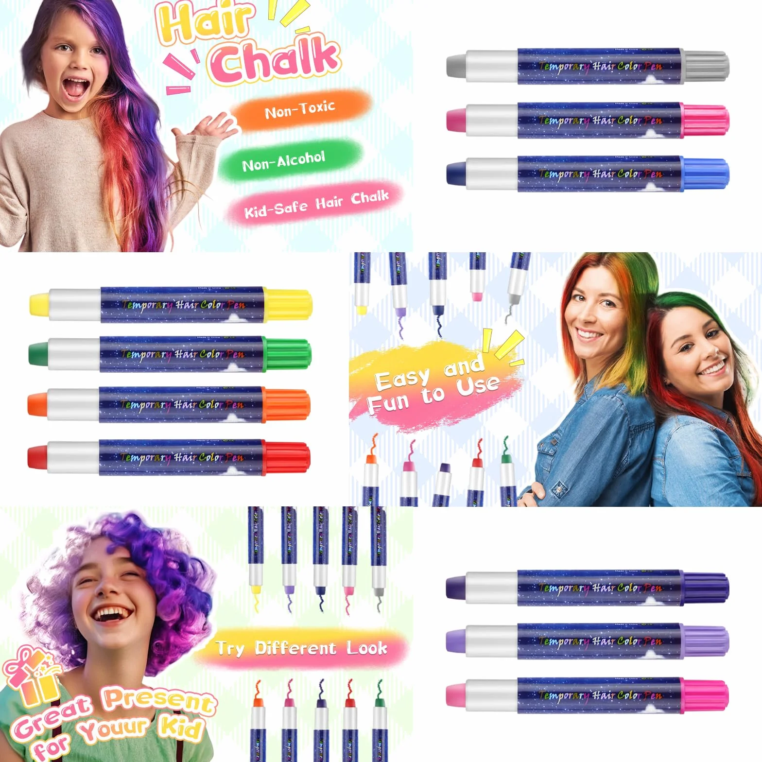 Kreda do włosów dla dzieci Hair Chalk 10 kolorów nietoksyczna zmywalna z grzebieniem i butelką