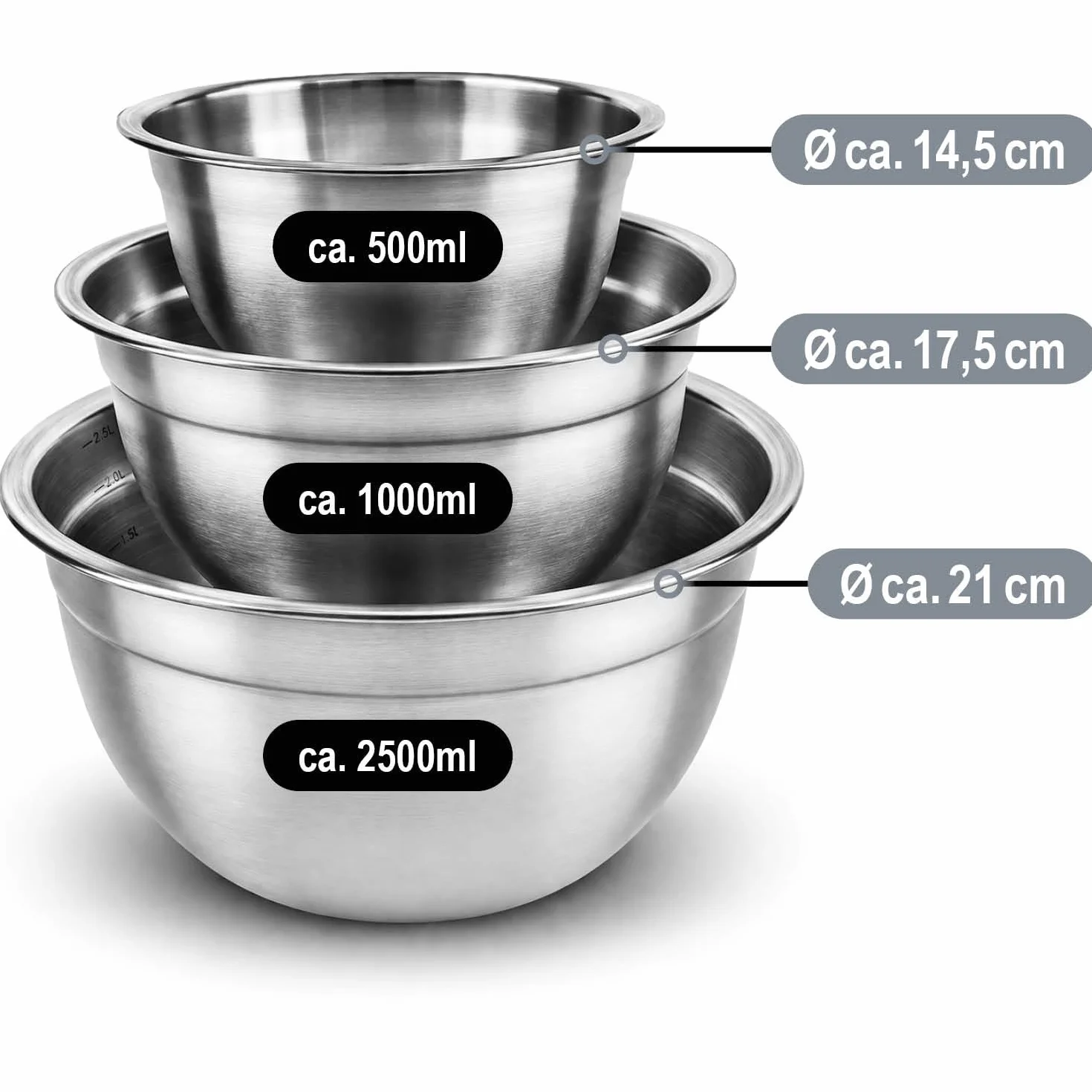 Zestaw 3 misek ze stali nierdzewnej 500 ml 1000 ml 2500 ml do pieczenia gotowania serwowania