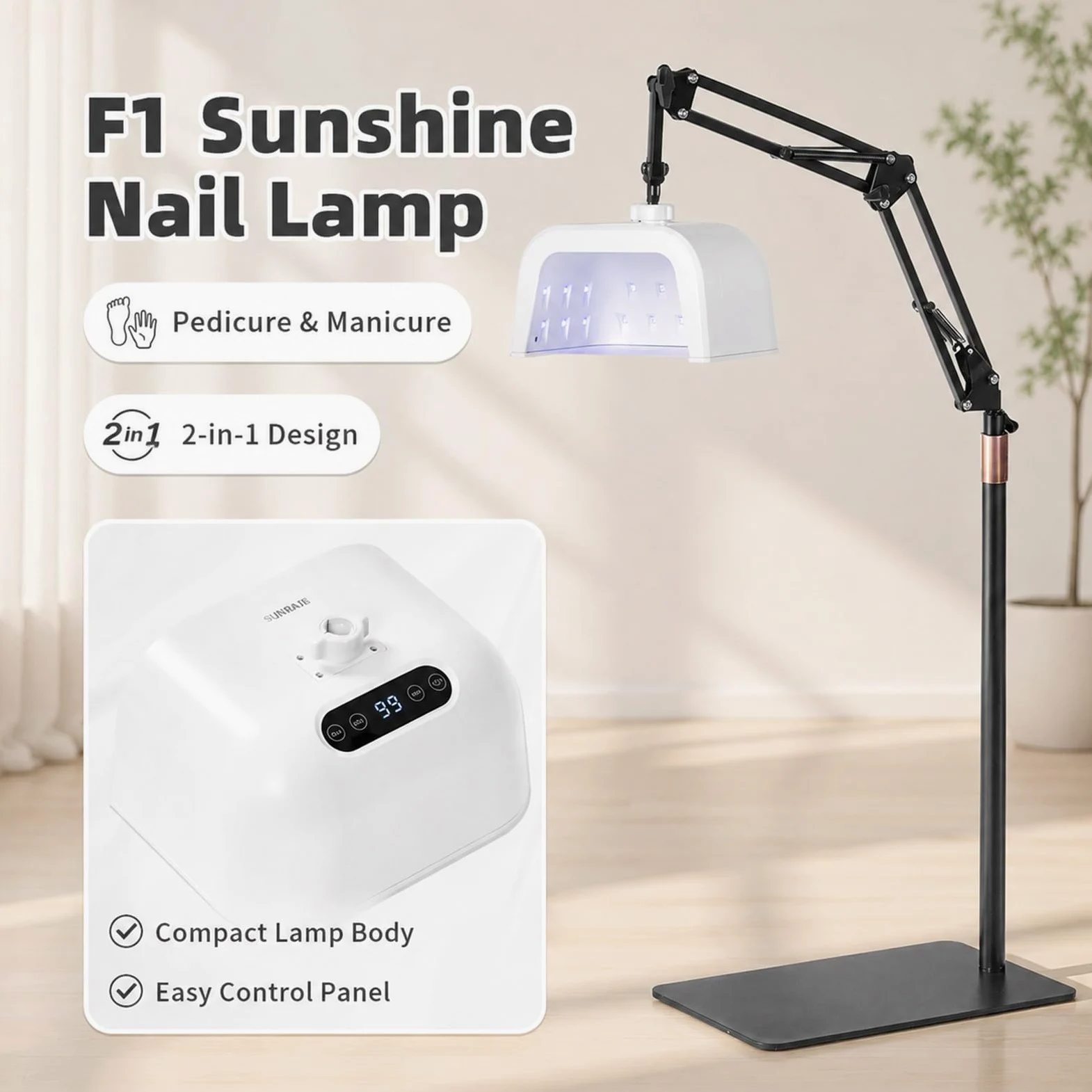 Lampa do Pedicure ze Stojakiem, Lampa UV LED do Utwardzania Żelu | Do Salonu lub Domu, Suszarka 48 W z Akumulatorem, 33 Diody LED, 4 Timery i Obrotowy Stojak do Manicure i Pedicure
