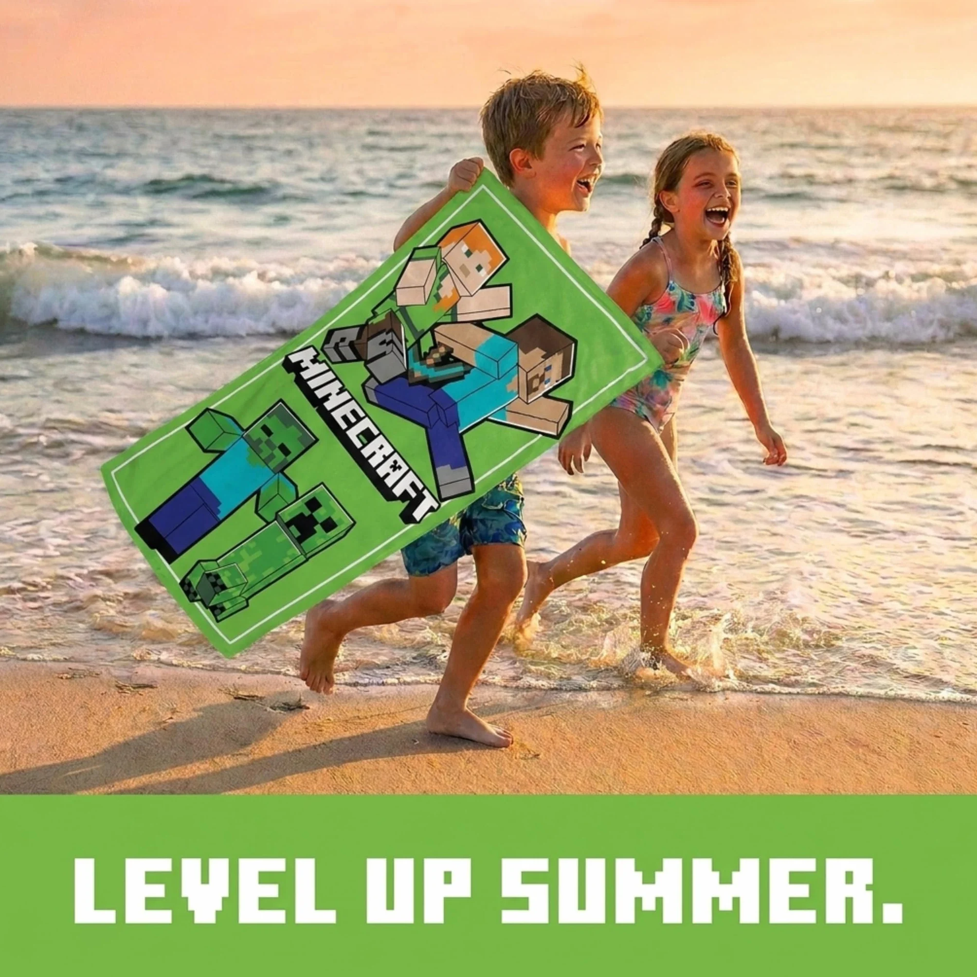 Jay Franco Kids Minecraft 100% bawełniany ręcznik plażowy – 71 x 147 cm, super miękki ręcznik kąpielowy, basenowy i podróżny, oficjalny produkt licencjonowany, zielony