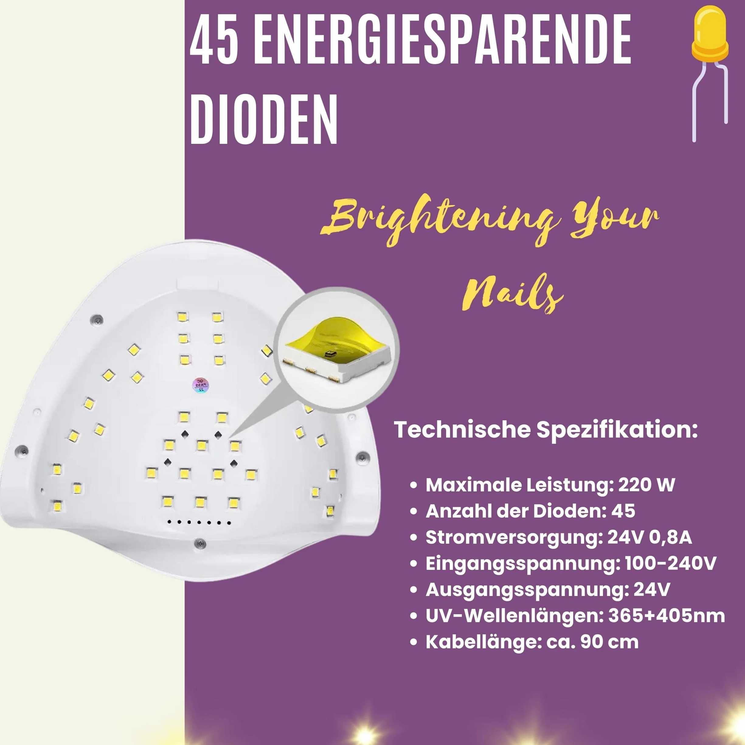 INLAQ® Max Dual UV/LED lampa do paznokci – 220 W, biała lampa do hybrydowych lakierów do paznokci i żeli, z uchwytem na telefon komórkowy i czujnikiem ruchu