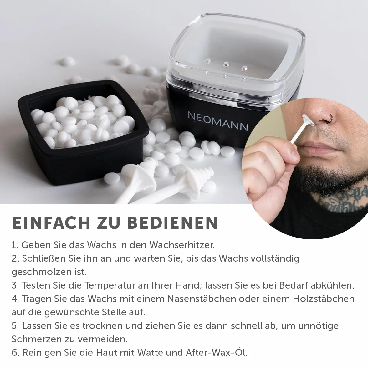 Waxer Mini zestaw do usuwania włosów z twarzy, brwi i nosa – Waxer Mini podgrzewacz wosku z 100 g pereł woskowych, aplikatorami, ochroną wosku i etui