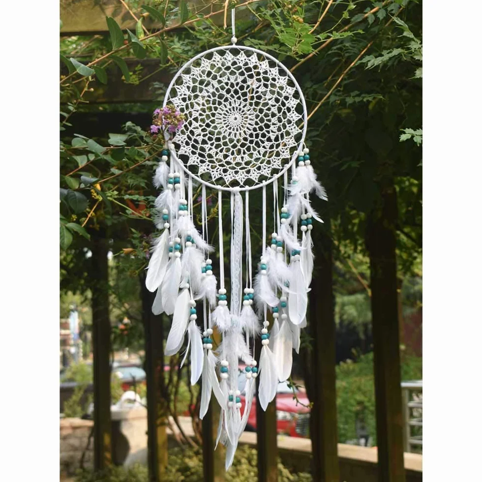 Łapacz snów boho 25 cm z piórami i perłami makrama dekoracja ścienna
