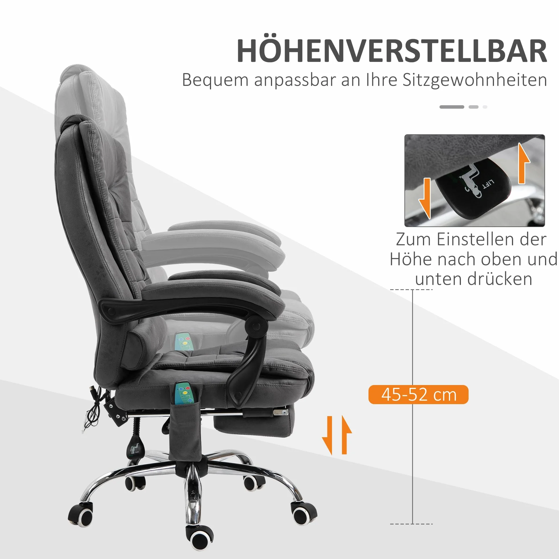 Vinsetto Ergonomiczne krzesło biurowe z masażem, ogrzewaniem, podnóżkiem, regulacja wysokości, szare