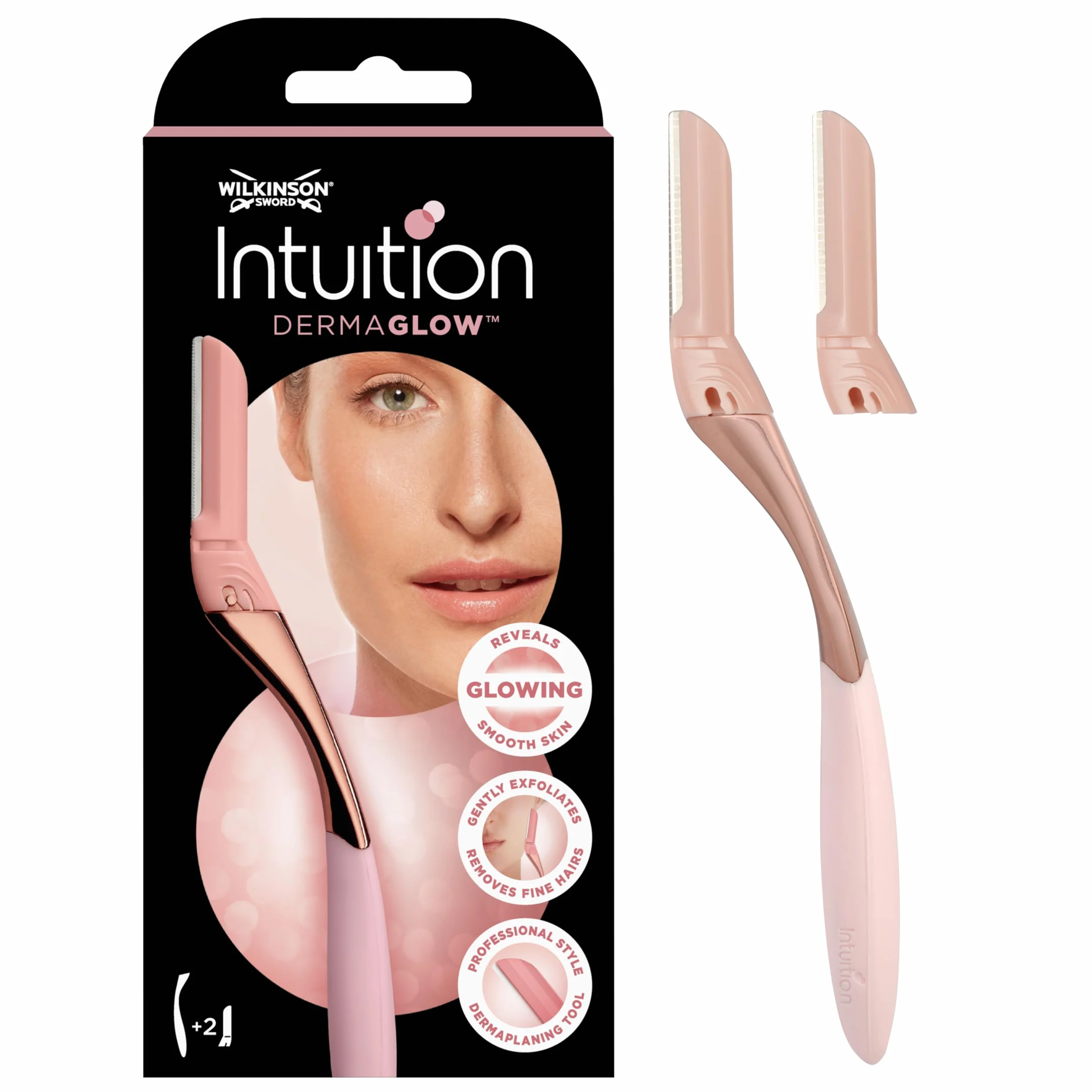 Wilkinson Sword Intuition Dermaglow maszynka do golenia Dermaglow idealna do złuszczania, profilowania brwi, przycinania i usuwania włosów na twarzy, różowa, 1 uchwyt i 2 wkłady