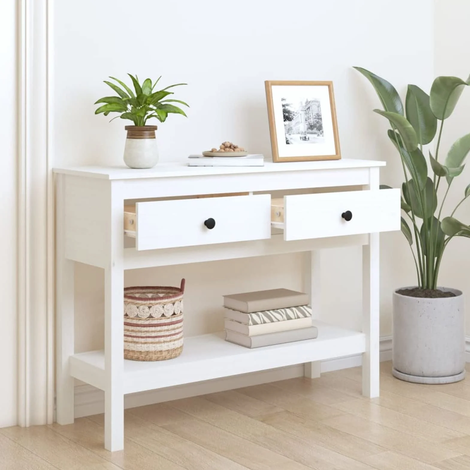 Stół konsolowy, biały, 100 x 35 x 75 cm, sosna z litego drewna, stolik konsolowy do przedpokoju, wąski stół wejściowy z szufladą i półkami do przechowywania, stolik na sofę do małych przestrzeni