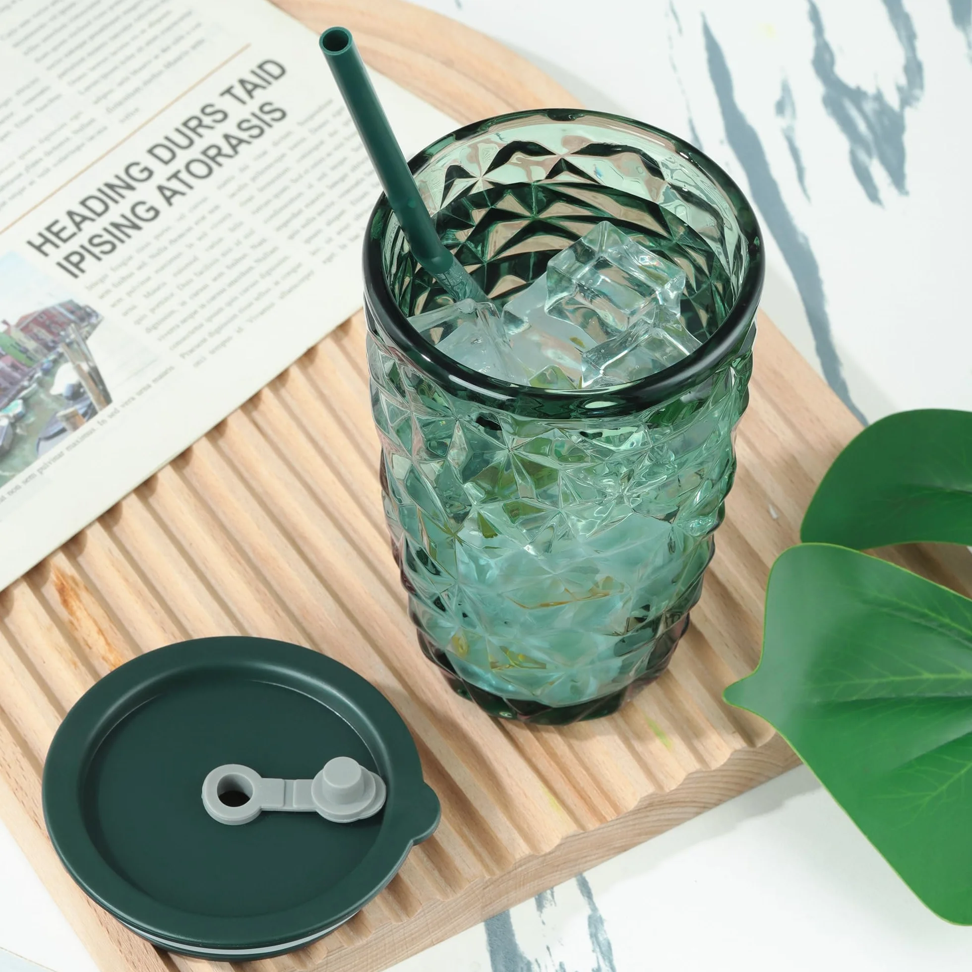 Joeyan Zielone kubki do picia 430 ml, z pokrywką i słomką, szklanka do herbaty bąbelkowej z diamentowym wzorem, szklanki do mrożonej kawy, smoothie, sok Boba, zestaw 2 szt., nadają się do mycia w