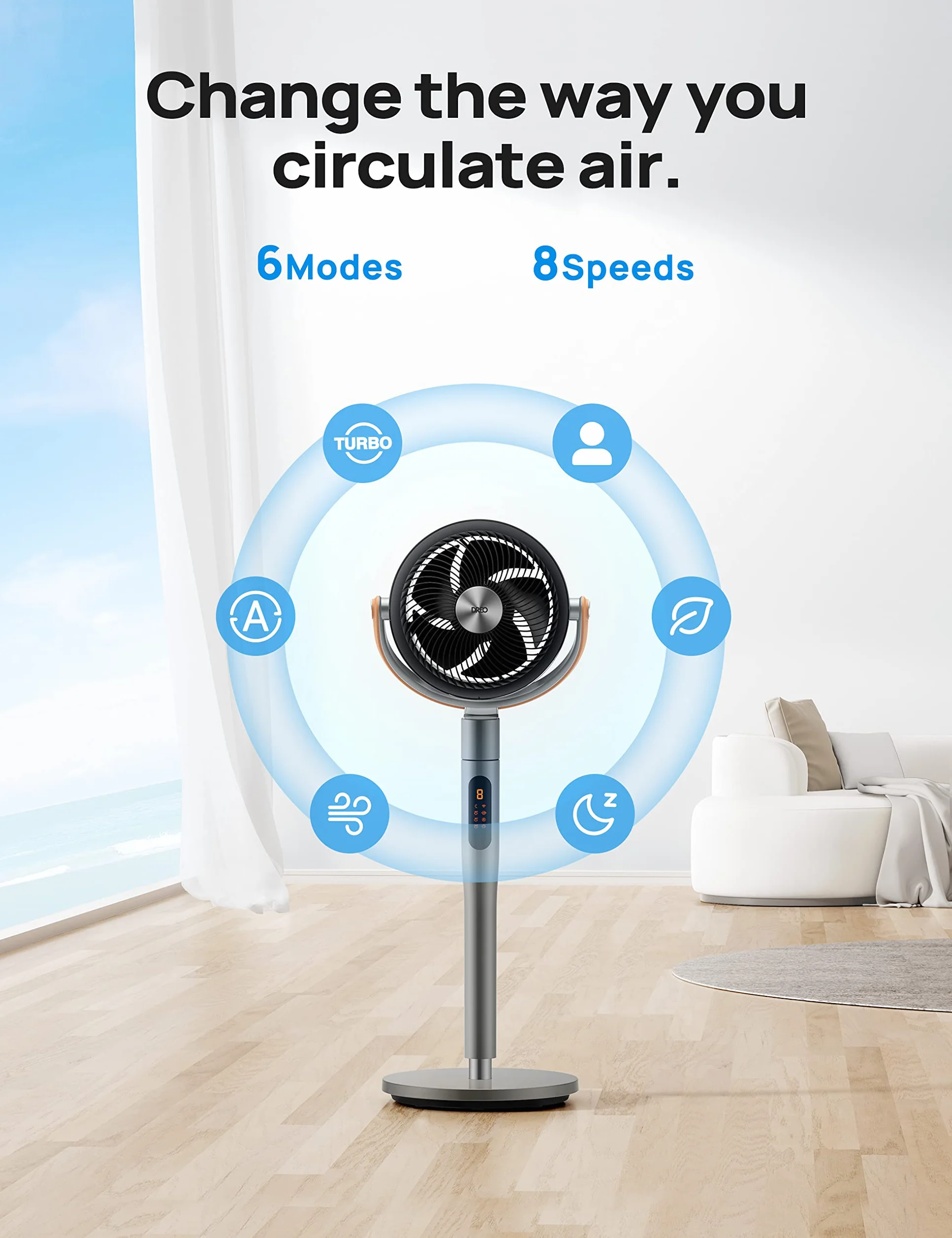Dreo Wentylator Pedestal 513S 43'' cichy stojący z pilotem Wi-Fi Alexa Google 6