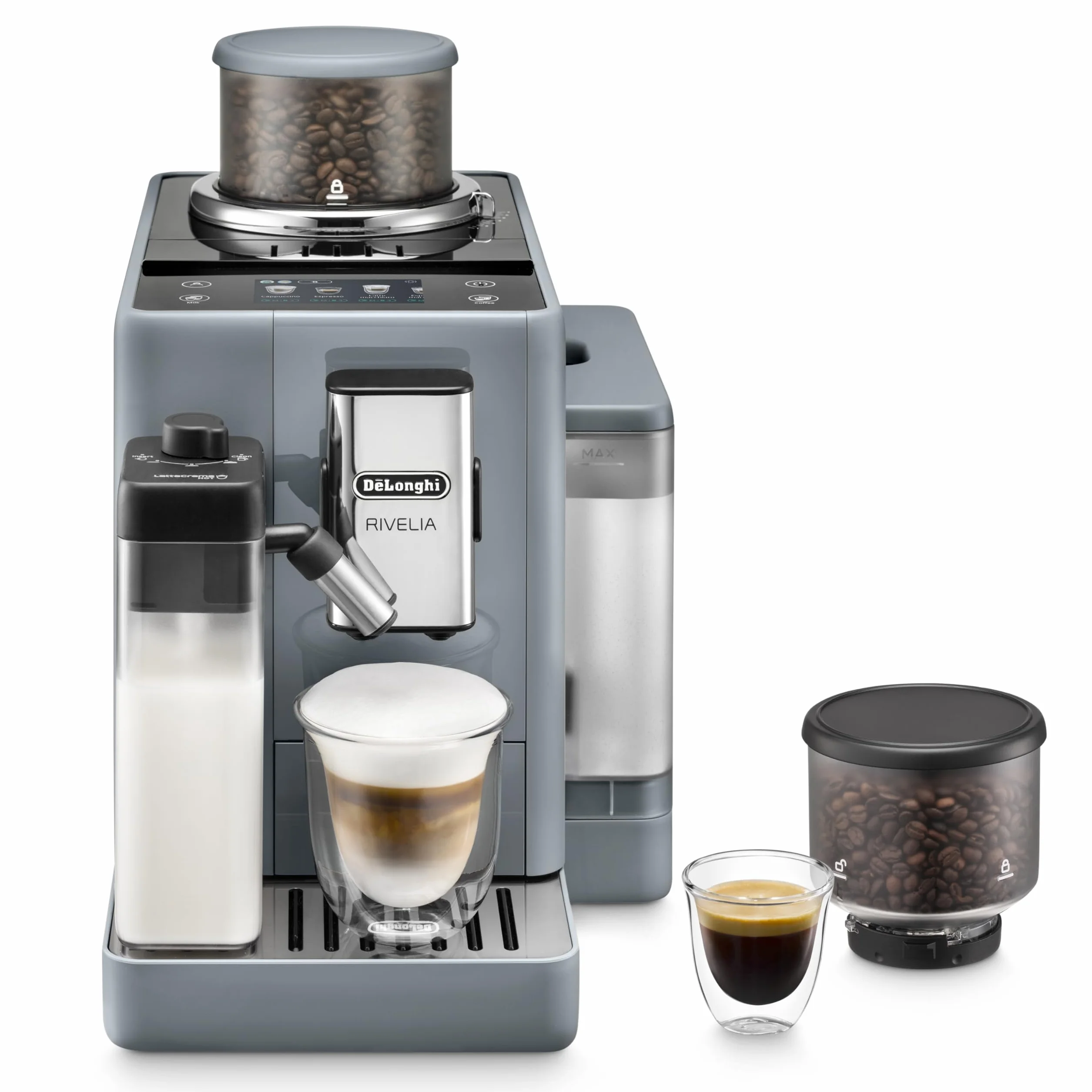 De'Longhi Rivelia EXAM440.55.G superautomatyczny ekspres do kawy z LatteCrema Hot, automatyczny spieniacz do mleka, 16 przepisów, szary