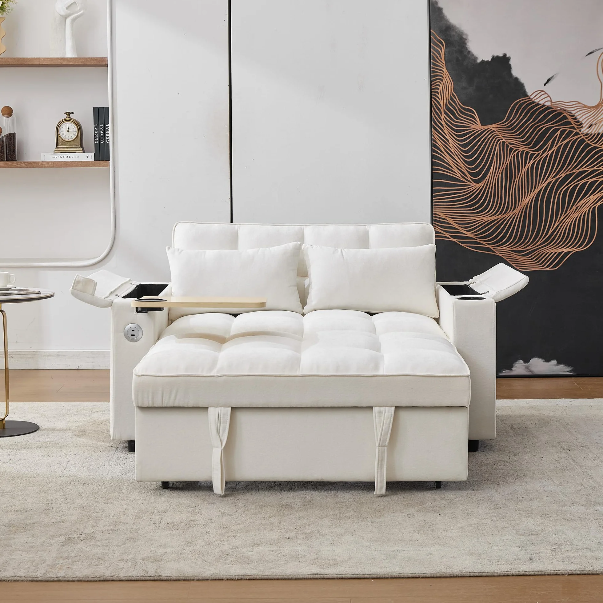 Sofa 2-osobowa z funkcją spania 140,5 x 74 x 82 cm rozkładana 3 w 1 regulowanym oparciem USB ukryty stół beżowa