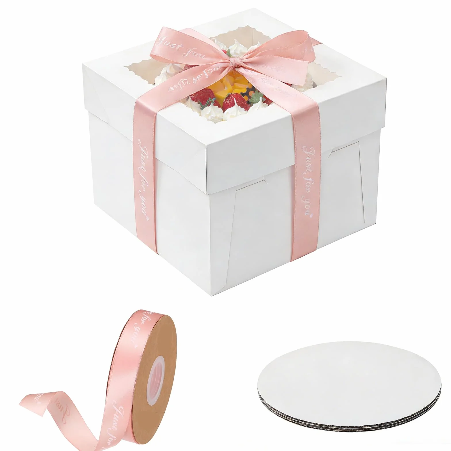 10 sztuk pudełka na tort, pudełka na torty, wysokość 25x25x20 cm, pudełka na ciasta, pudełka na transport tortów, białe pudełka na torty z oknem i 10 okrągłych desek do ciast, 1 rolka wstążki
