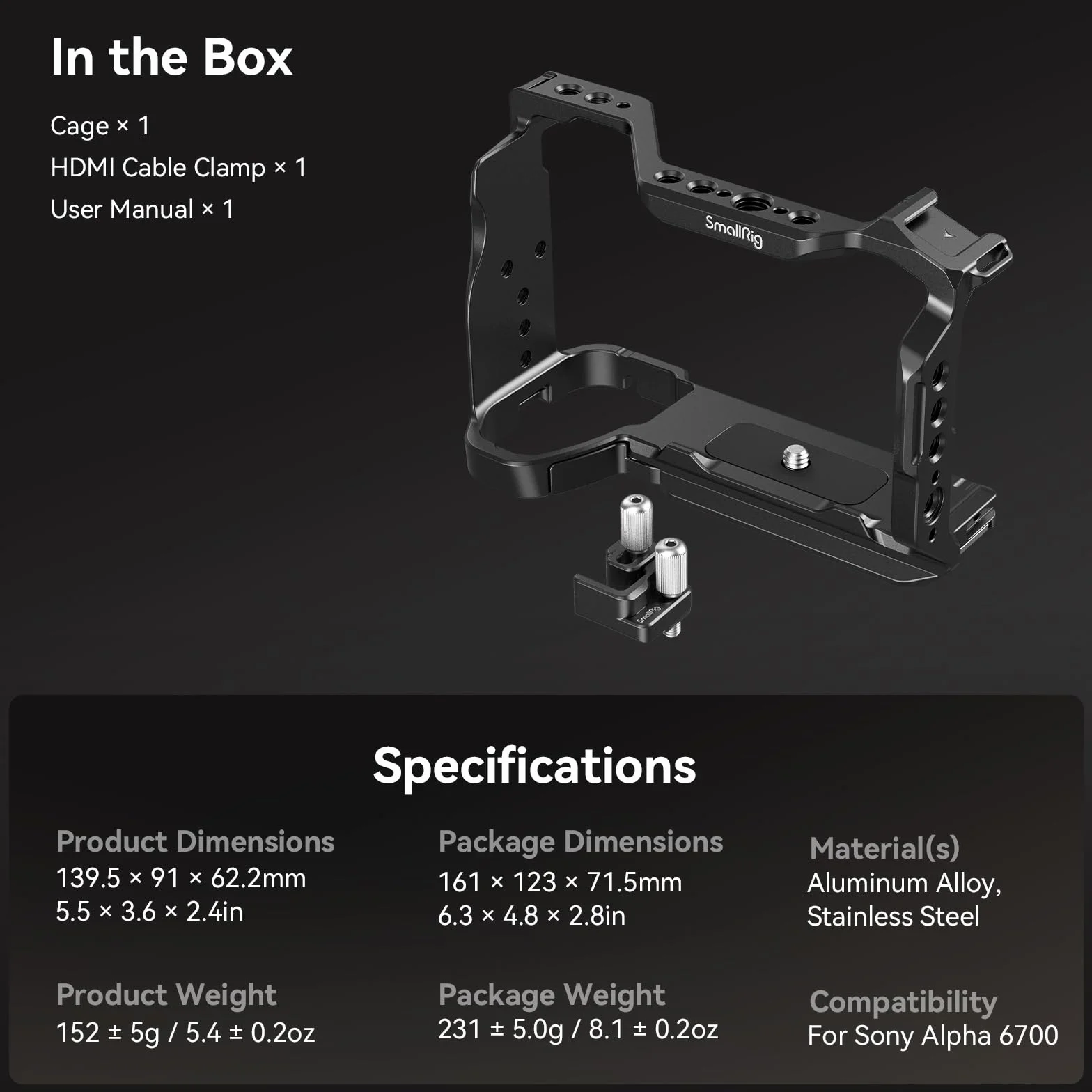 SMALLRIG Cage Zestaw klatki dla Sony A6700 z zaciskiem kablowym do HDMI, wbudowaną płytką szybkiego uwalniania typu dla Arca, filmem do robienia filmów klatka do kamery wideo z mocowaniem butów - 4336