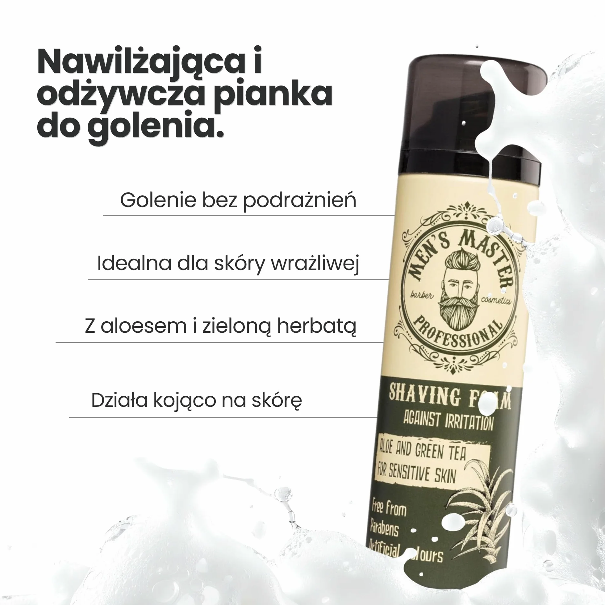 Nawilżająca pianka do golenia dla wrażliwej skóry z aloesem i zieloną herbatą, 200 ml