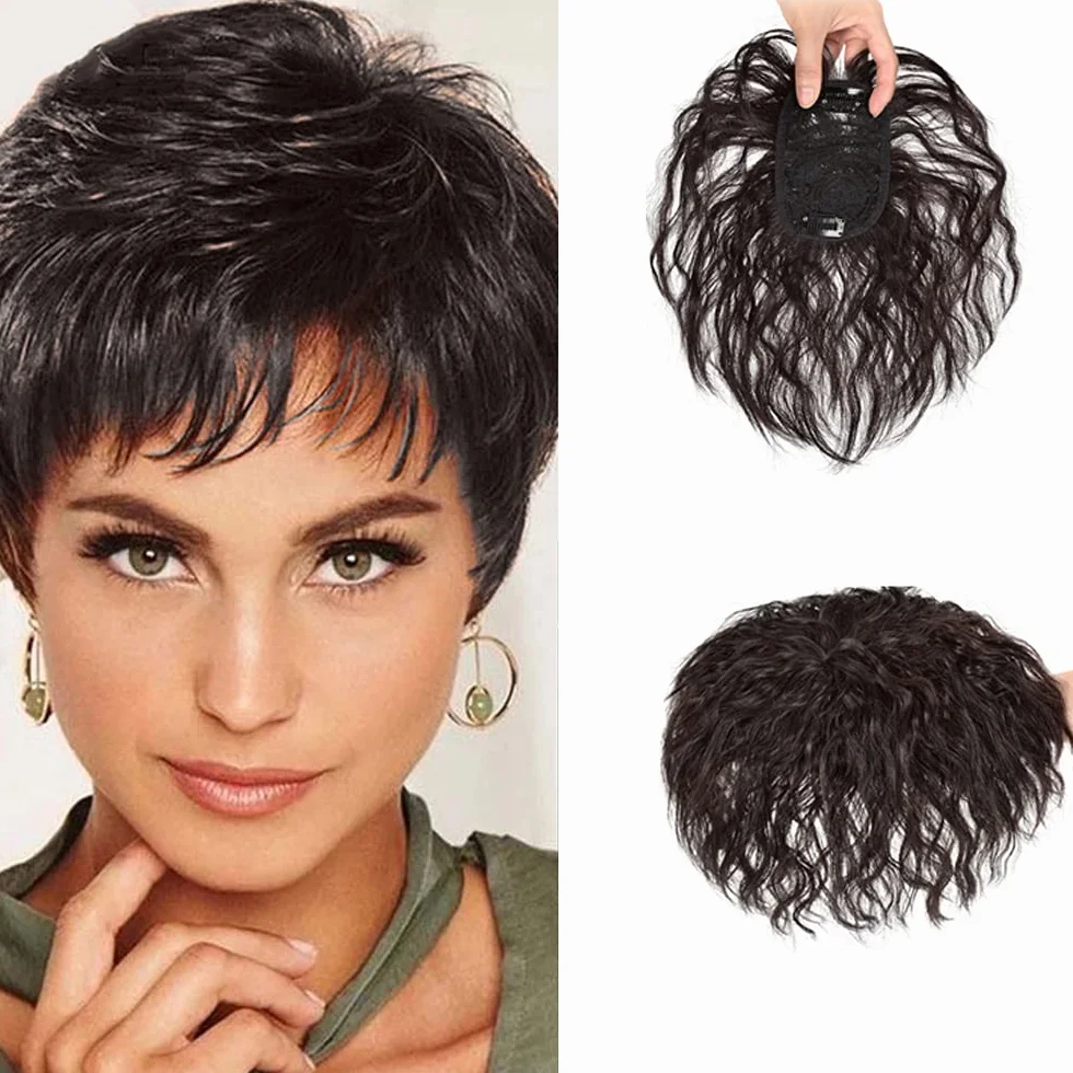 Remeehi krótkie kręcone toppery z klipsem, korona, treska, naturalny wygląd, peruka, zamknięcie u góry, dla kobiet, białe cienkie włosy, długość 15 cm, wykonane maszynowo, 7 x 10 cm, ciemnoczerwono-brązowy