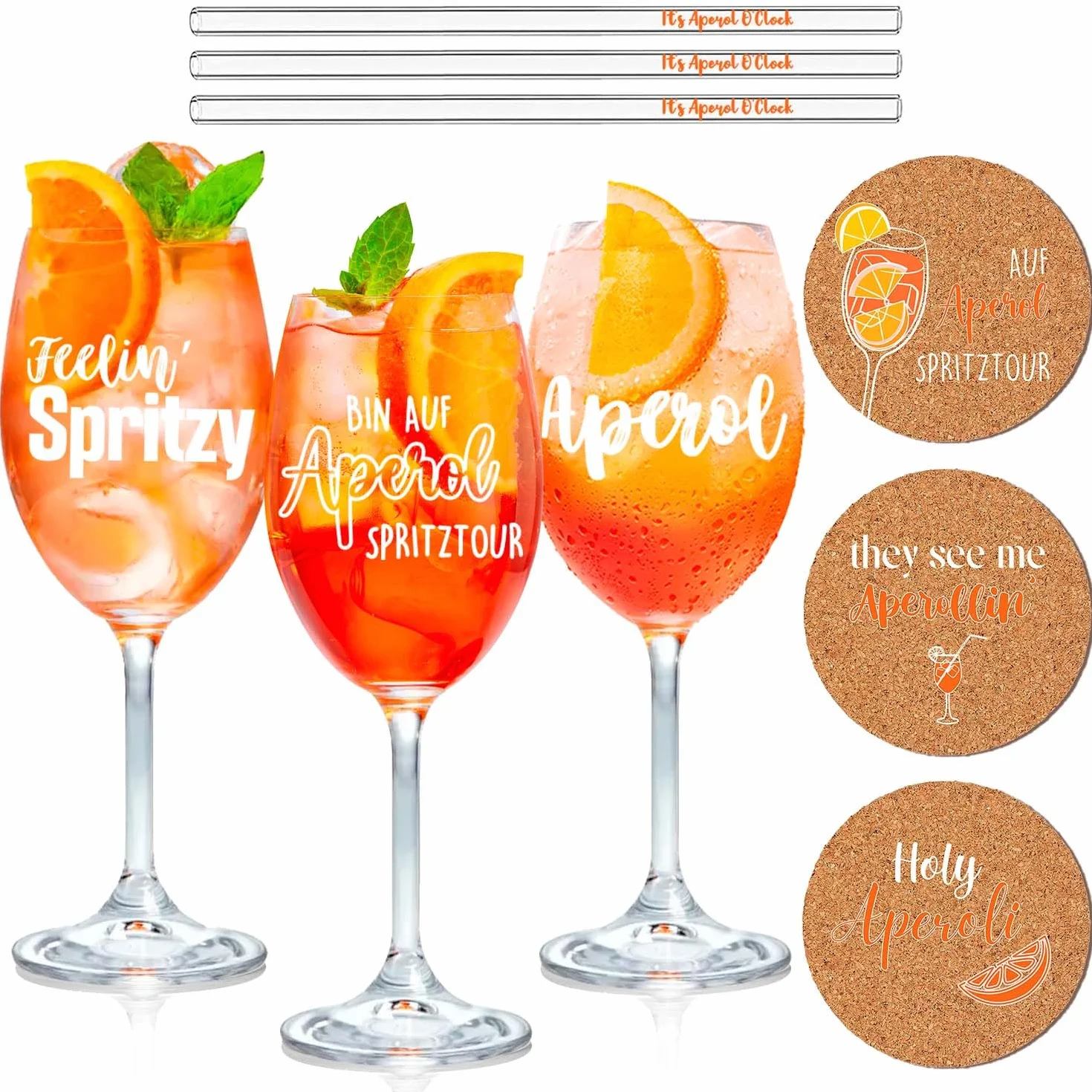 Aperol Spritz Zestaw 3 szklanek Aperol O'Clock szklane słomki podstawki korkowe