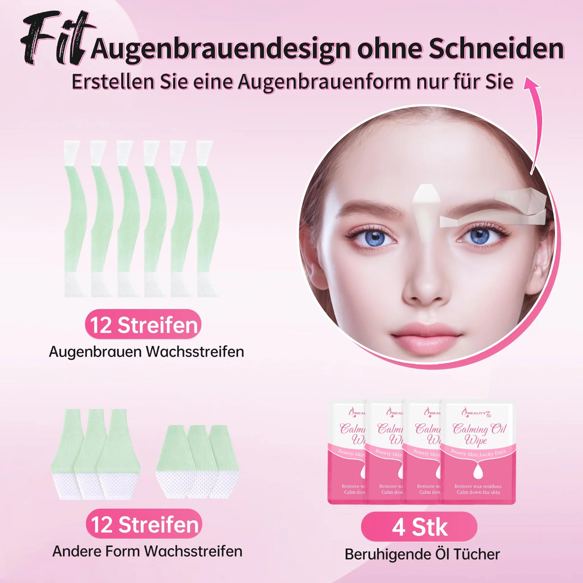 Beauty7 Wstępnie przycięte wstążki woskowe do brwi, 24 szt., pasek, czyste z 4 ściereczkami do czyszczenia oleju, bezboleśnie