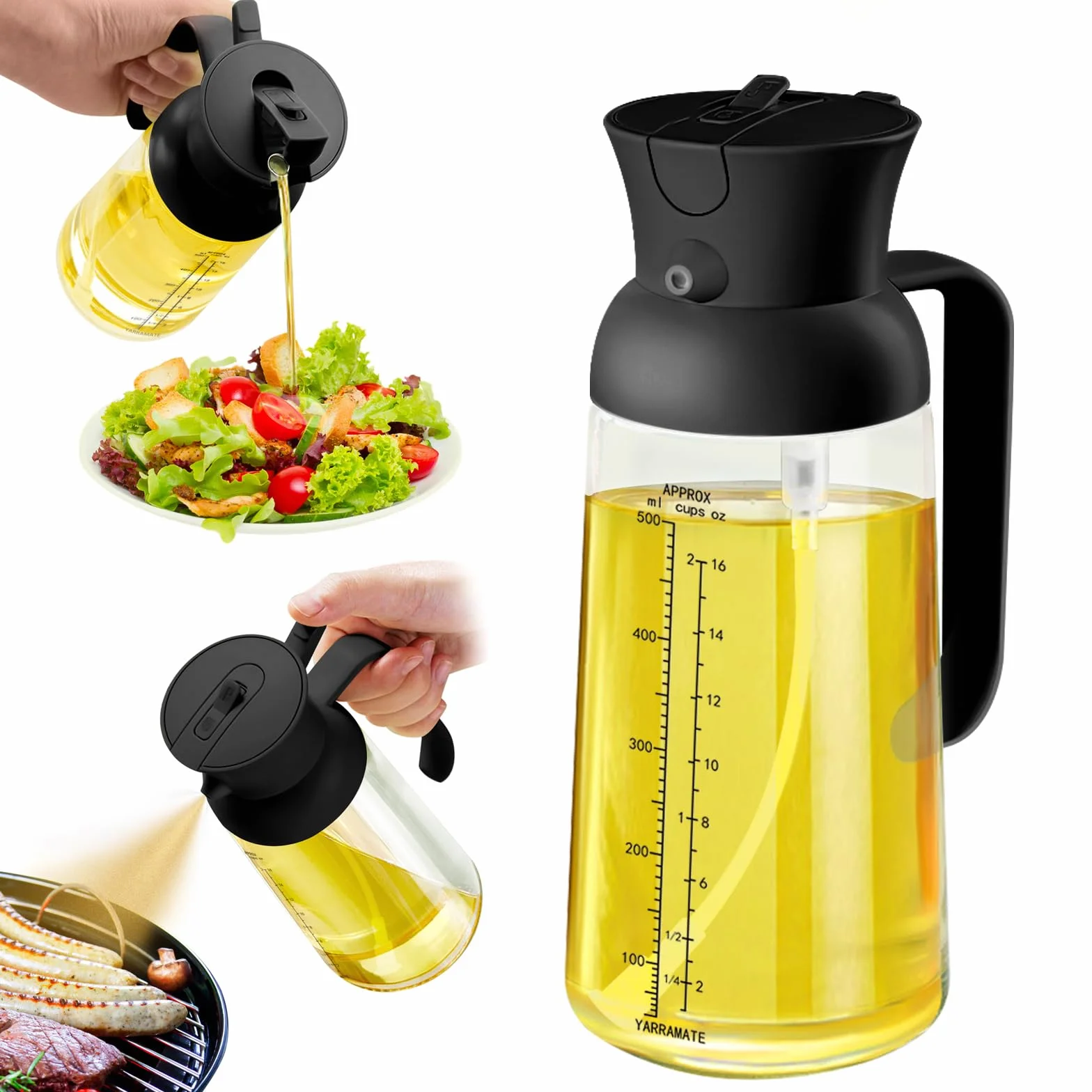 YARRAMATE Butelka dozująca oliwy z oliwek 2 w 1 rozpylacz oleju 18 oz 550 ml szklana Czarna