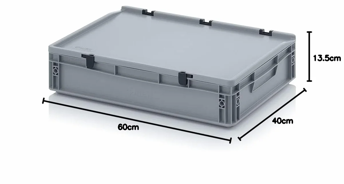 Euro Pojemnik ED 64/12 HG Auer z Pokrywką Zawiasową, Szary, 24 L, Pudełko z Tworzywa Sztucznego 60 x 40 x 13,5 cm, Zamknięte Uchwyty | Magazynowy na Żywność, Skrzynka na Kemping