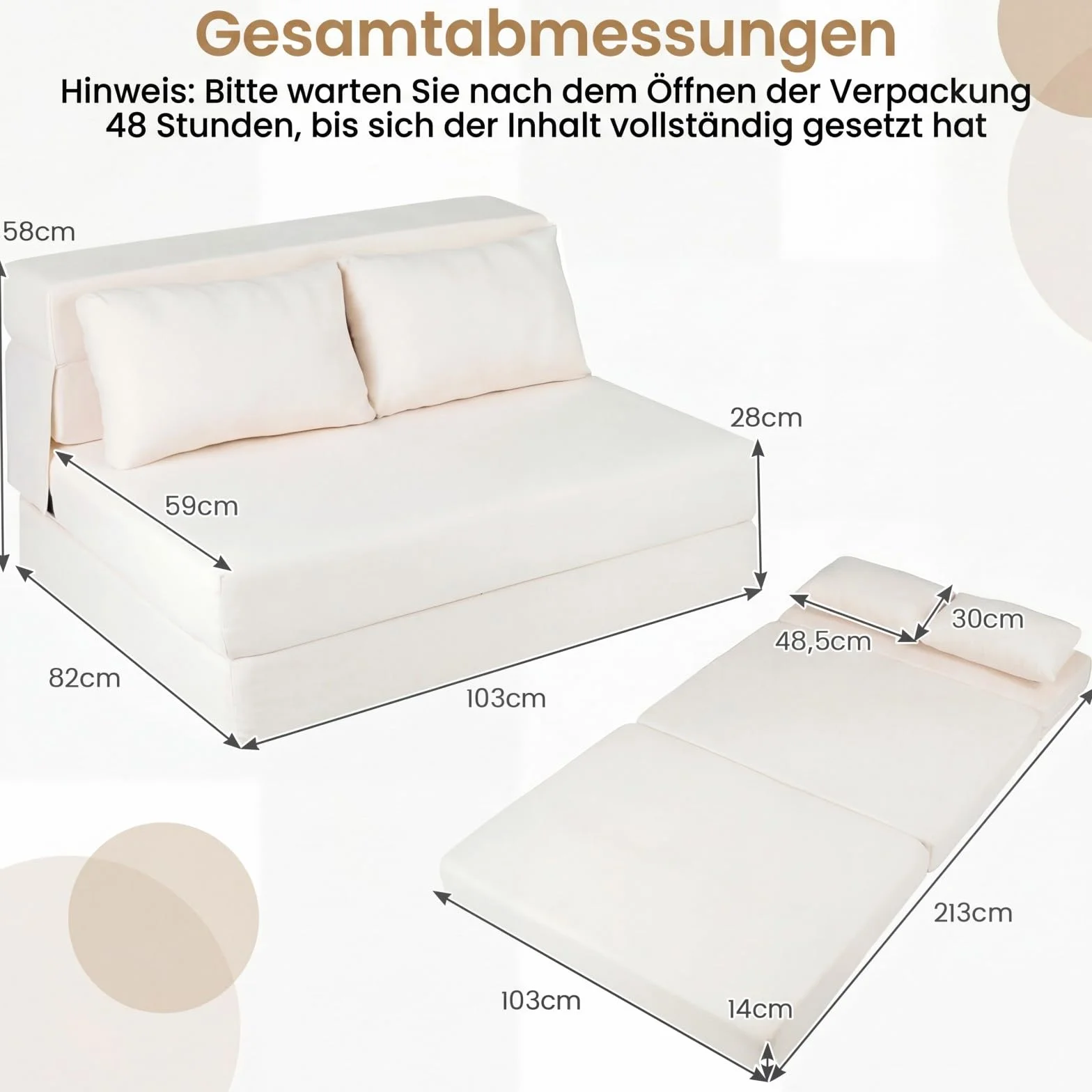 COSTWAY Rozkładana Sofa 3 w 1 z Materiału Szenilowego z 2 Poduszkami, Beżowa, 2-osobowa