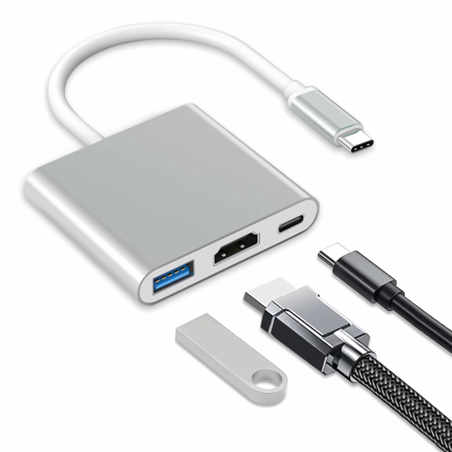 Adapter USB C HDMI 3-EN-1, kabel Lightning na HDMI do telewizora, cyfrowy wieloportowy AV z 4K, USB-A 3.0, Plug and Play