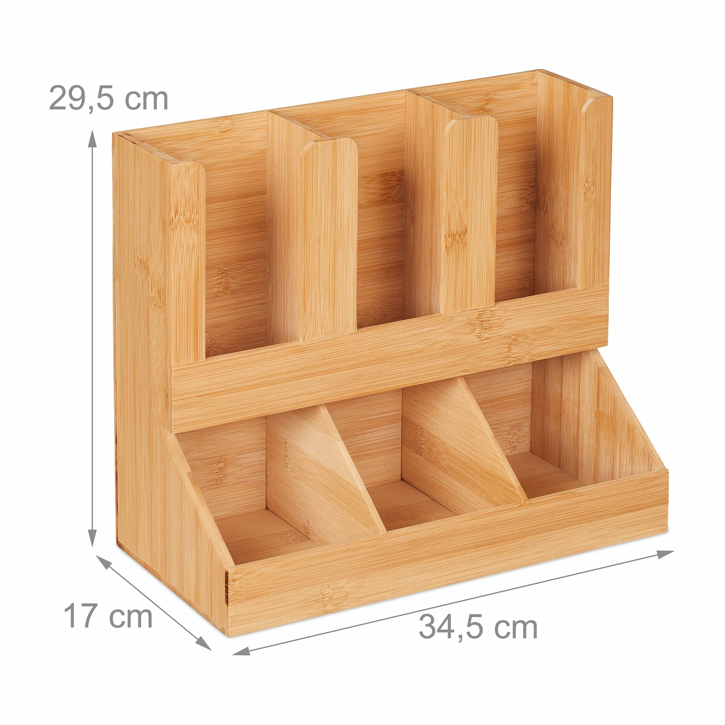 Relaxdays Organizer na kawę, 6 przegródek, bambus, wys. x gł.: 29,5 x 34,5 x 17 cm, stacja do kawy, mleko, cukier, kubek do kawy, naturalny