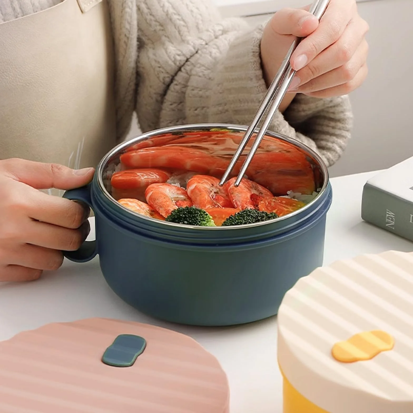 Miska na ramen ze stali nierdzewnej 1200 ml z pałeczkami i pokrywką japońskie naczynia (niebieska + różowa)