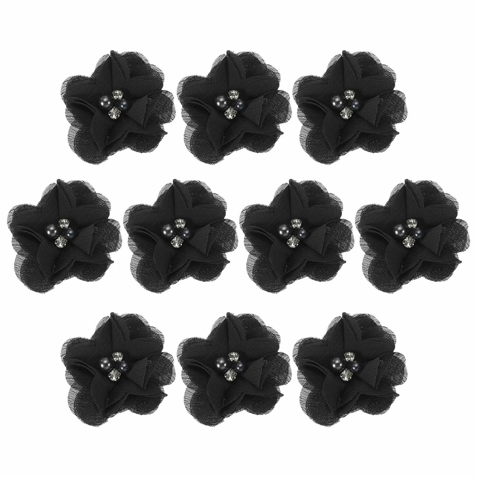 PATIKIL Szyfonowe kwiaty, 5 cm, 10 szt. tkaniny kwiaty, aplikacje do szycia, zdobienia z perłą ze strasu, do samodzielnego wykonania, opaski ślubne, dekoracja imprezowa, czarne