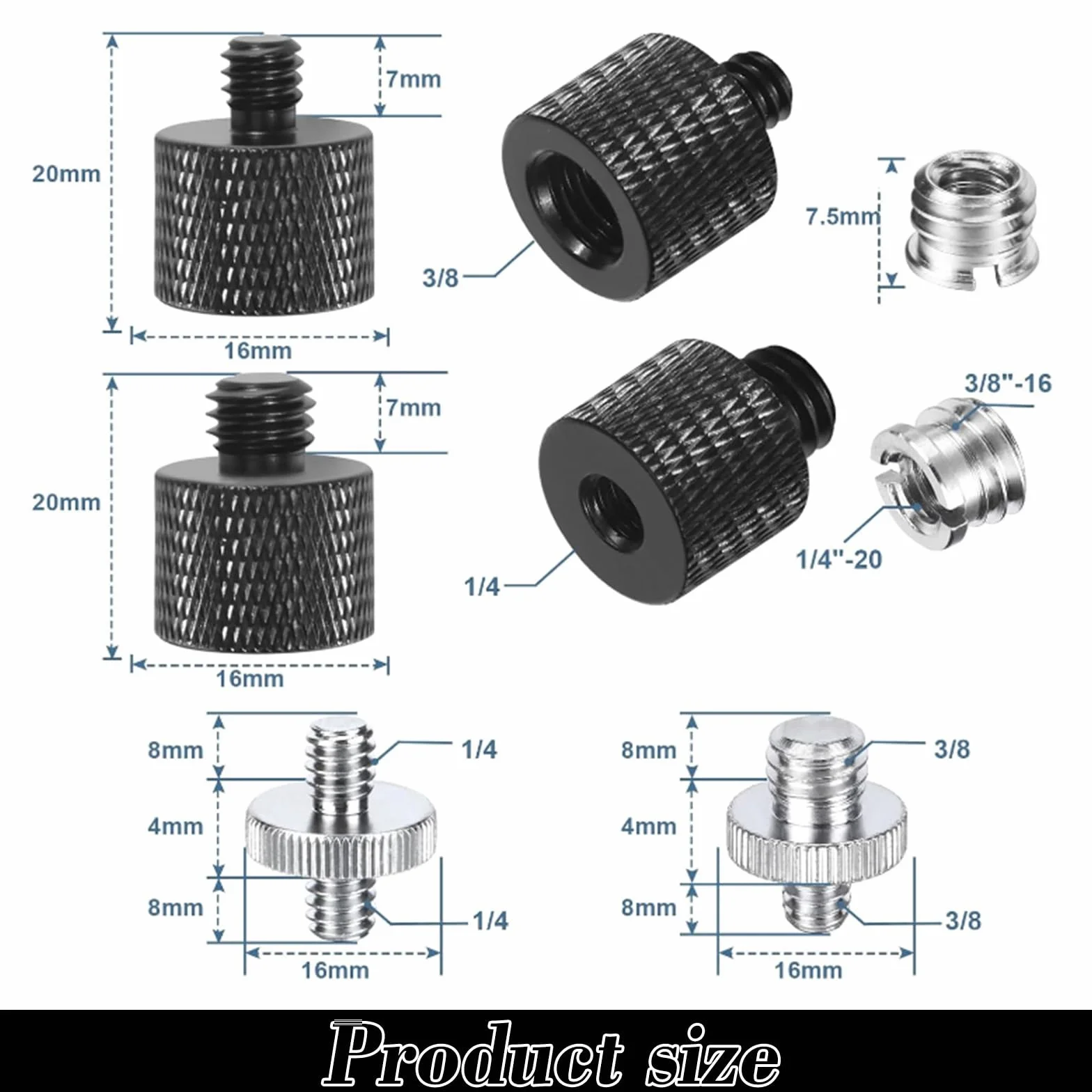 Yuanchu Adapter do statywu, 1/4 na 3/8 cala, adapter gwintowany z metalu, adapter, statyw podwójna śruba, kompatybilny ze statywem do aparatu, statywem mikrofonowym, statywem lampowym