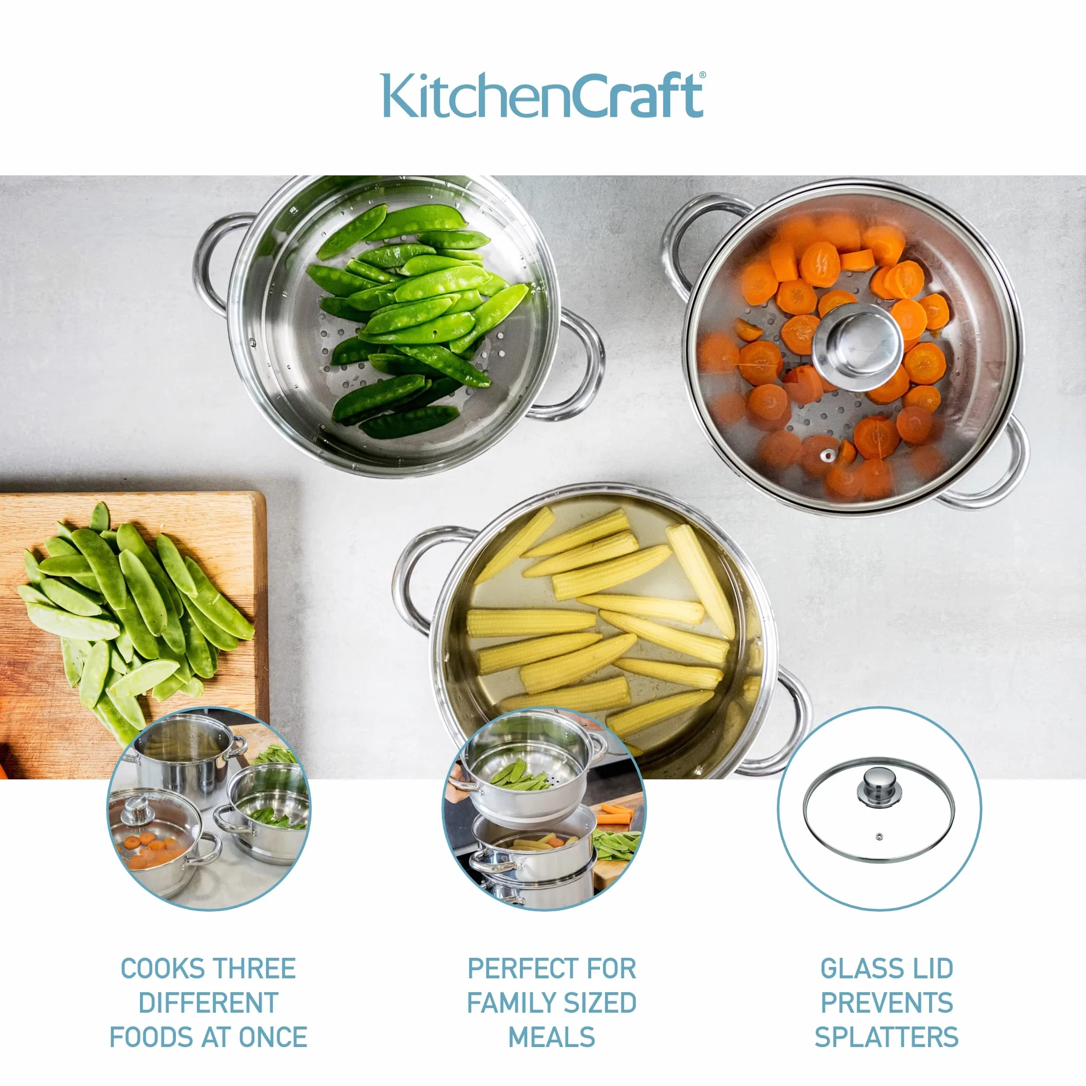KitchenCraft Zestaw 3 garnków ze stali nierdzewnej 16 cm, 3-stopniowy, z zabezpieczeniem indukcyjnym