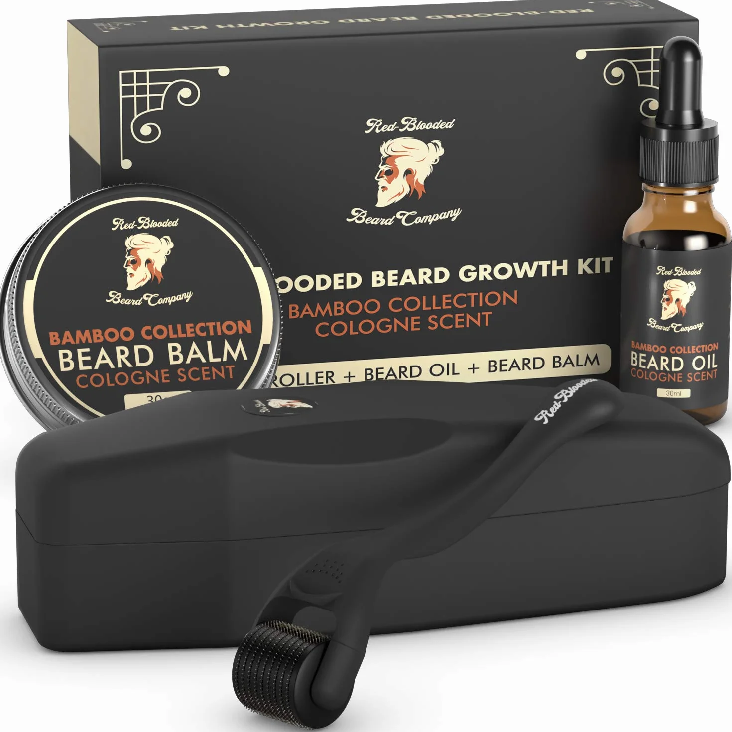 Zestaw na porost brody Red Blood - wałek do brody + olejek do brody + balsam do brody - derma wałek 0,5 mm na odrost włosów - zapach koloński